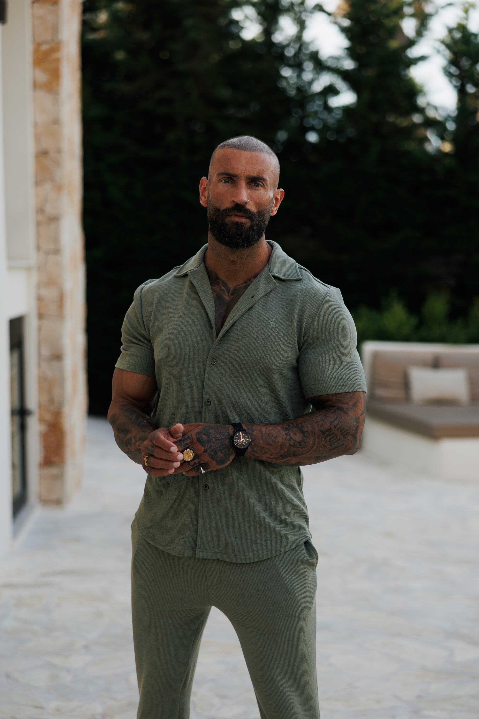 Jersey Kord Stretch Olive Revere Hemd Kurzarm - FSR072 (VORBESTELLUNG 30. JUNI)