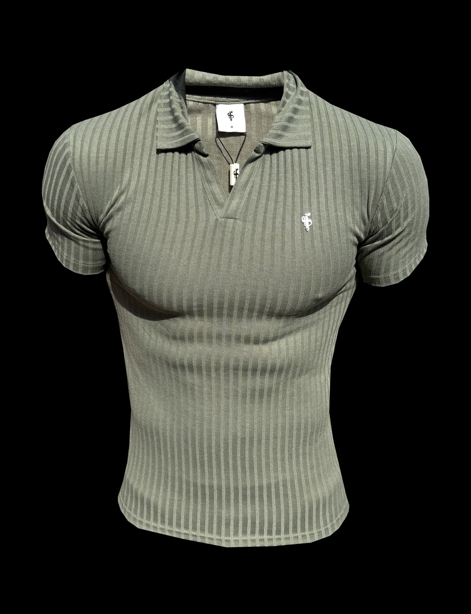 Olive / Silver Ribbed Revere Short Sleeve Polo Shirt - FSH1466