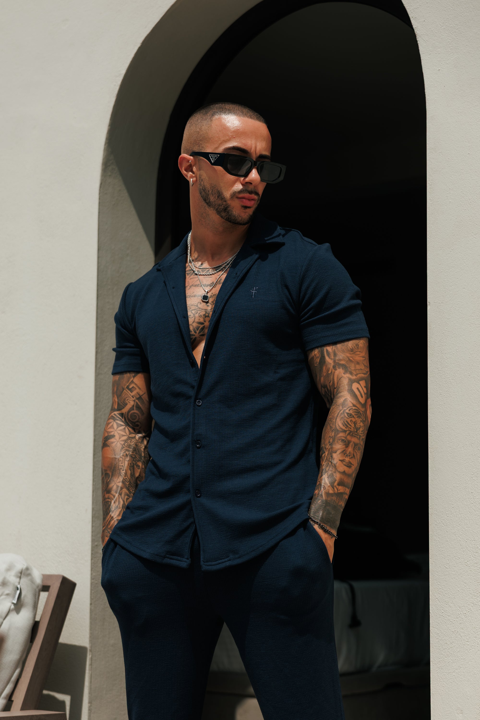 Jersey Cord Stretch Navy Revere Hemd Kurzarm - FSR071 (VORBESTELLUNG 18. JULI)