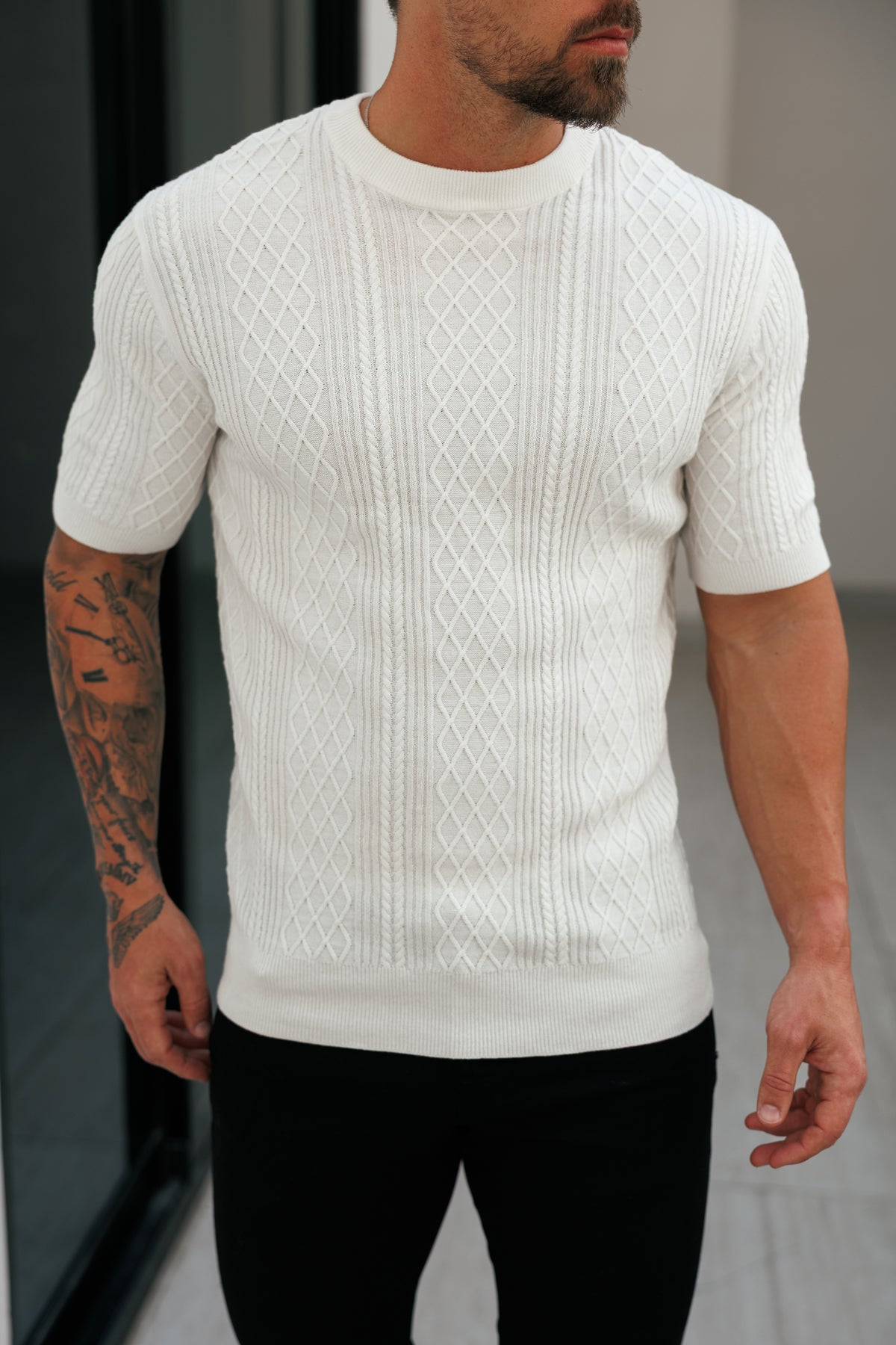 Fine Knit Diamond Off White Jumper Short Sleeve - FSA009
