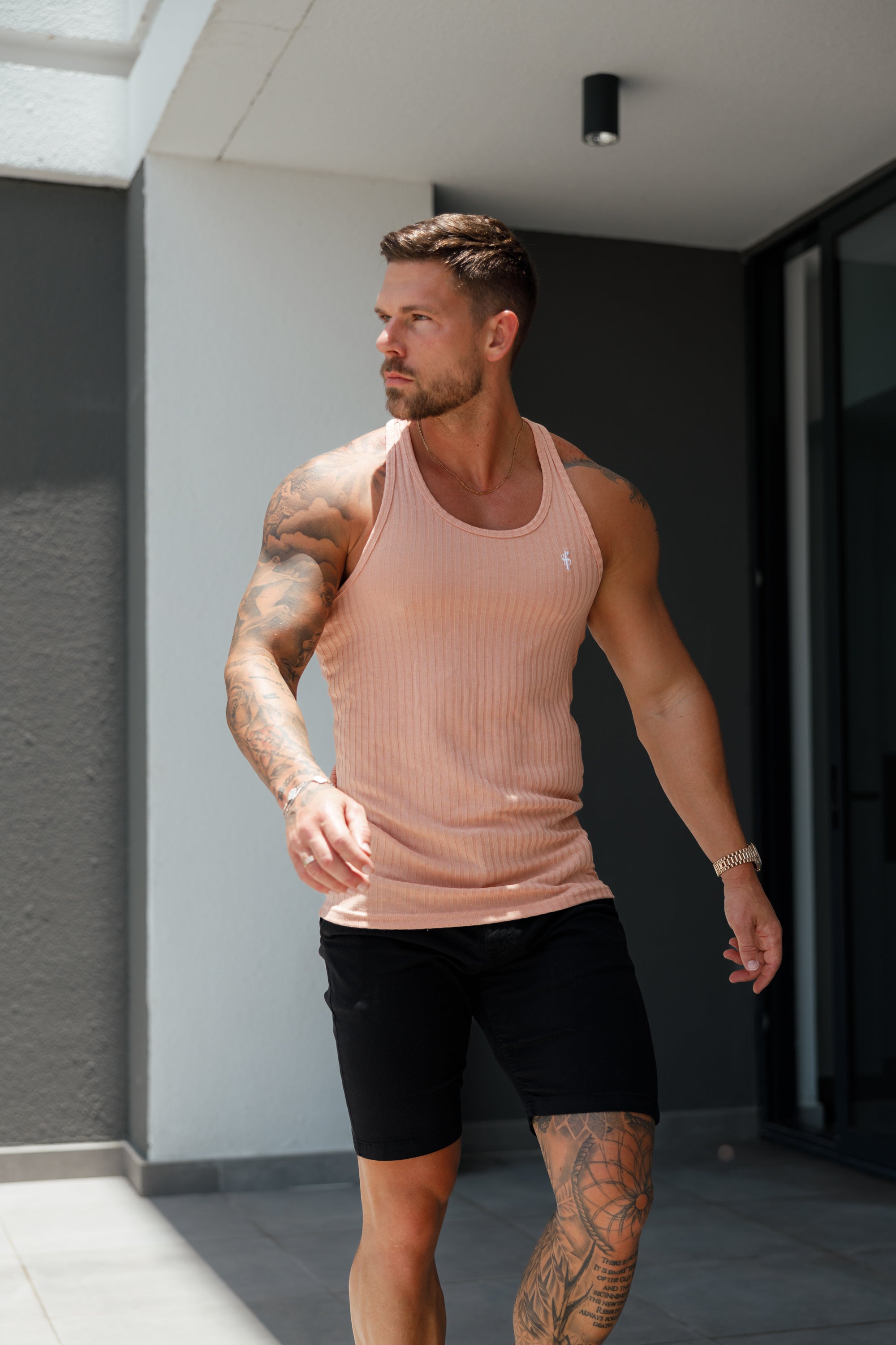 Classic Peach / White Ribbed Knit Super Slim Vest - FSH1028 (PRE ORDER 20TH AUGUST)
