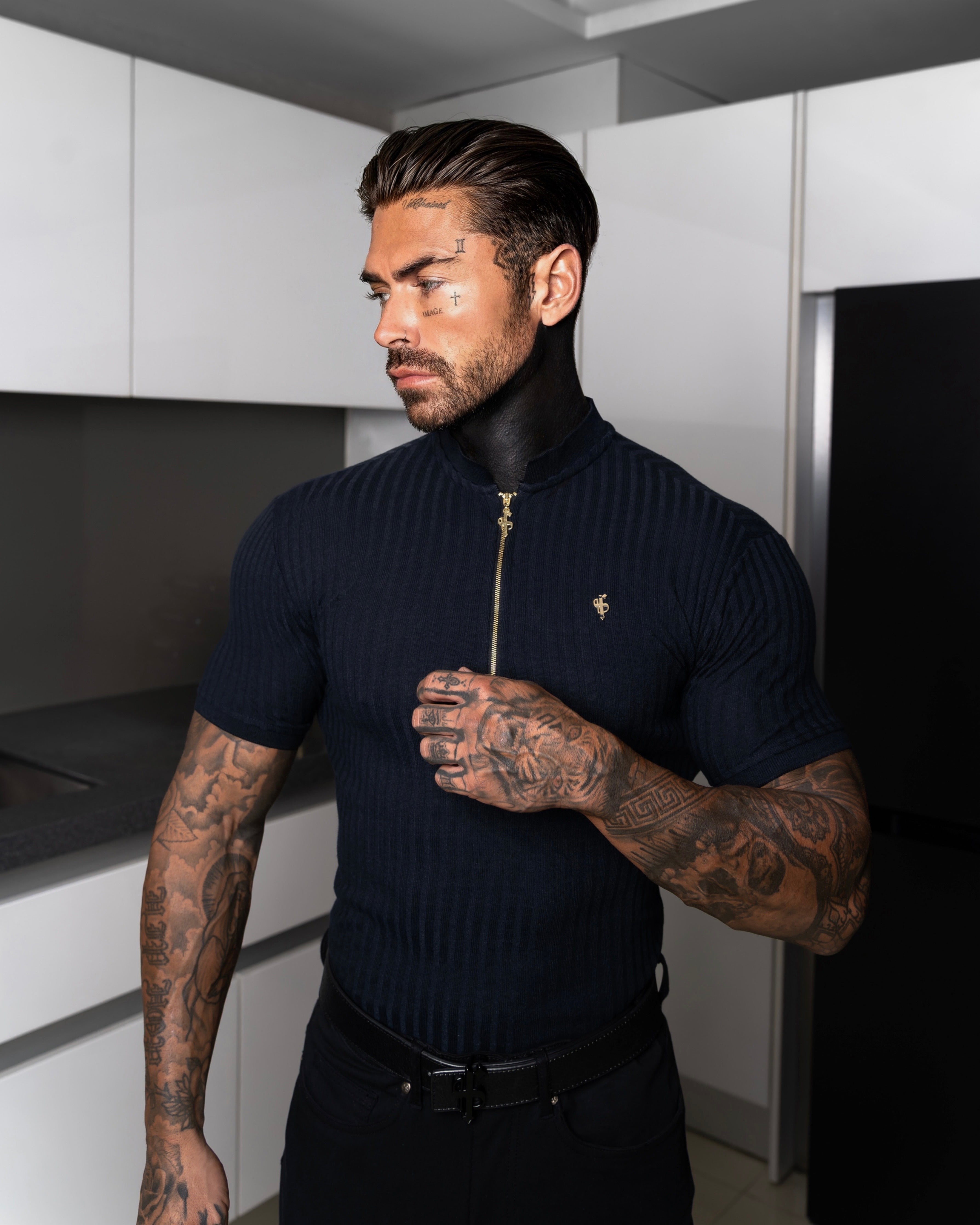 Classic Navy Ribbed Zip Grandad Collar Shirt Short Sleeve - FSH773