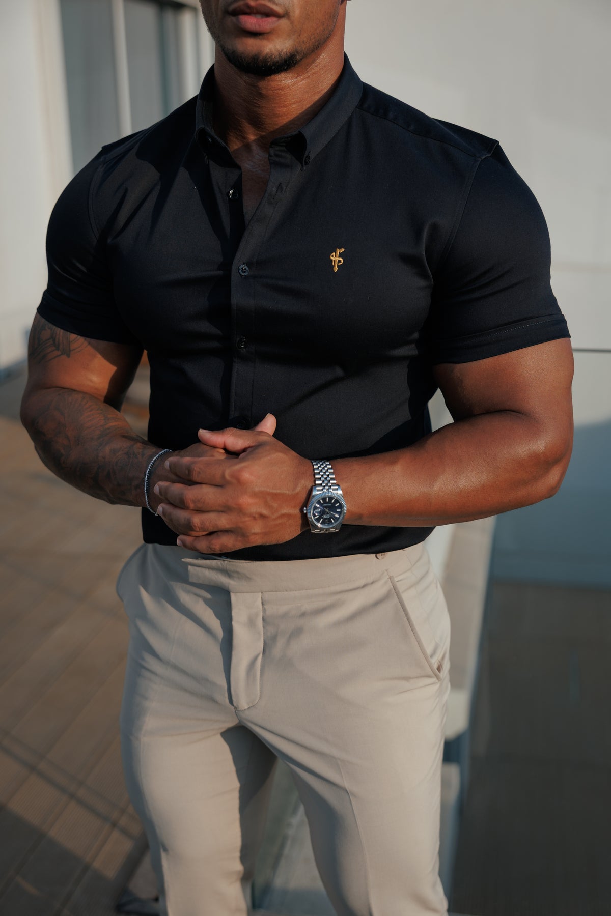 Super Slim Stretch Black Denim Short Sleeve with Gold Embroidery and Button Down Collar - FS1041