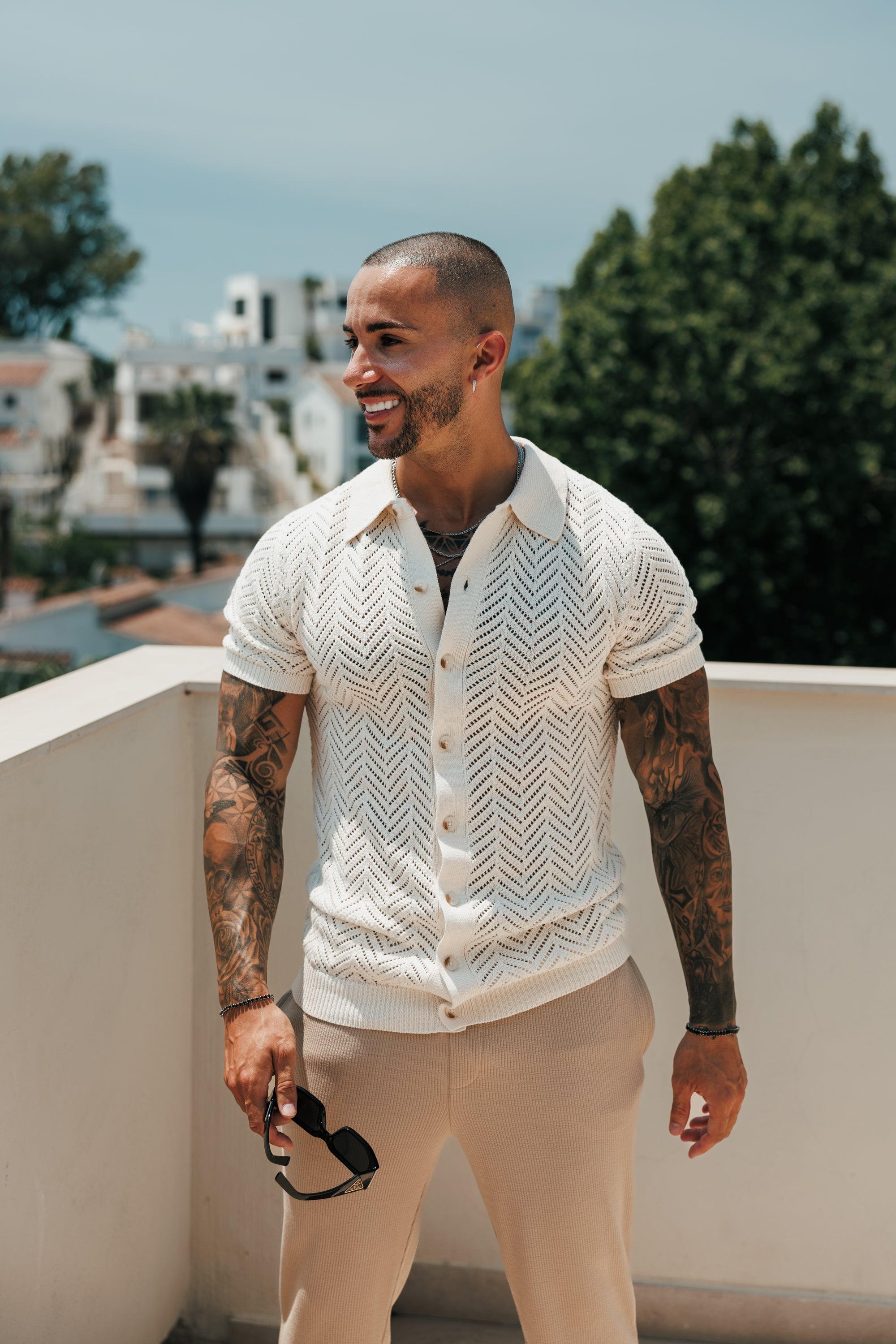 Cream Chevron Perforated Shirt Short Sleeve - FSA015 (PRE ORDER 31ST AUGUST)