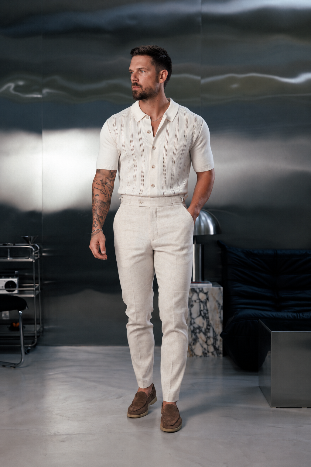 Cream Stripe Perforated Shirt Short Sleeve - FSA021