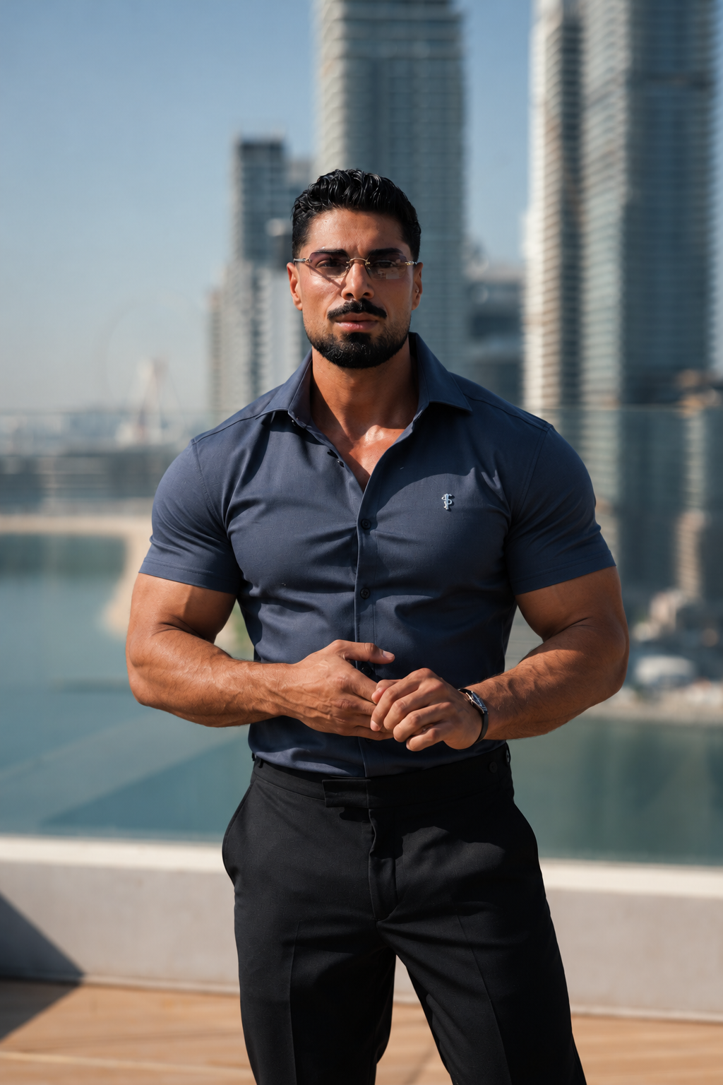 Super Slim Stretch Kurzarm-Hemd aus Gunpowder-Denim mit silbernem Metalldekor und Haikragen – FS1323