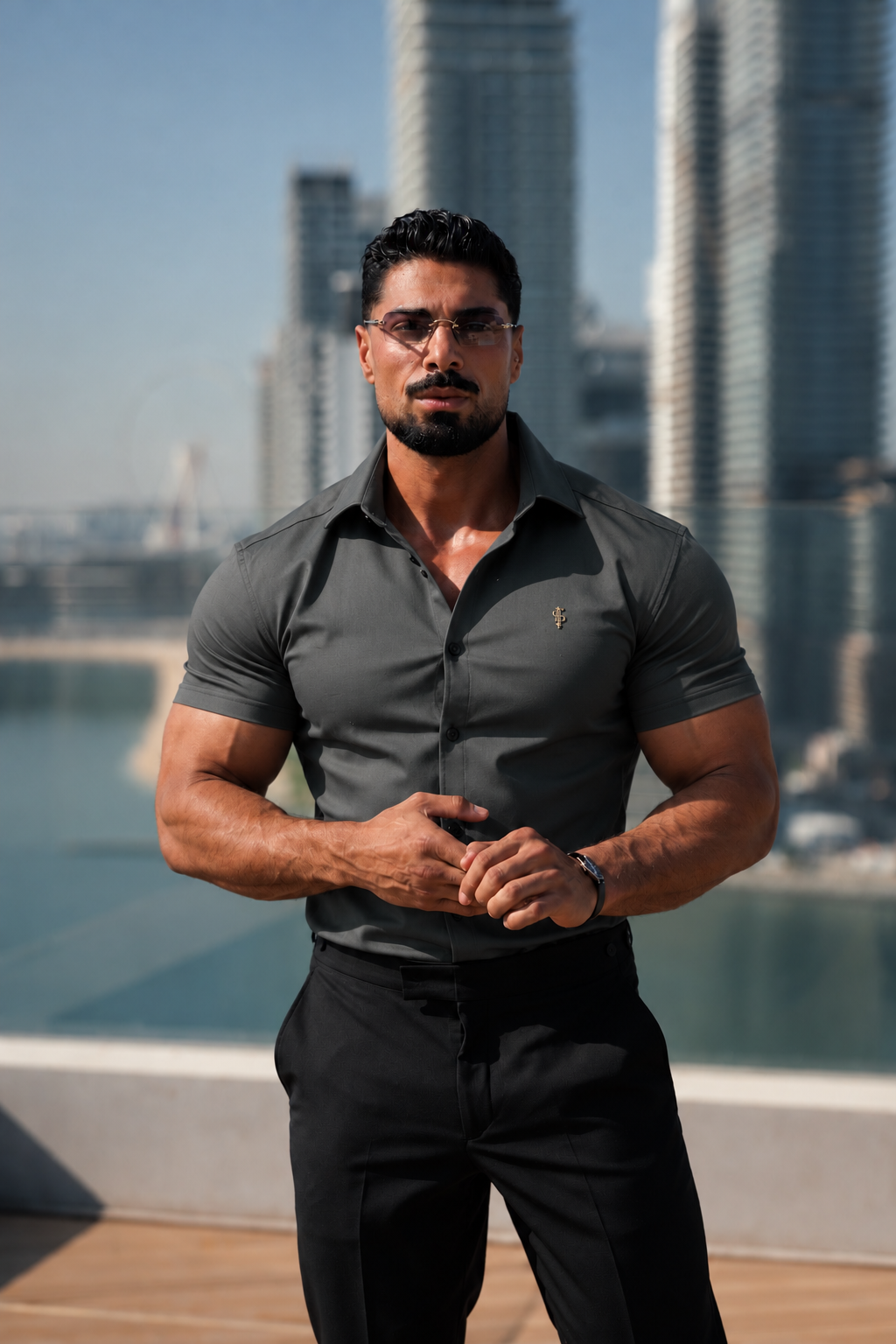 Super Slim Stretch-Jeanshemd in Oliv mit goldenem Metalldekor und Cutaway-Kragen – FS1324