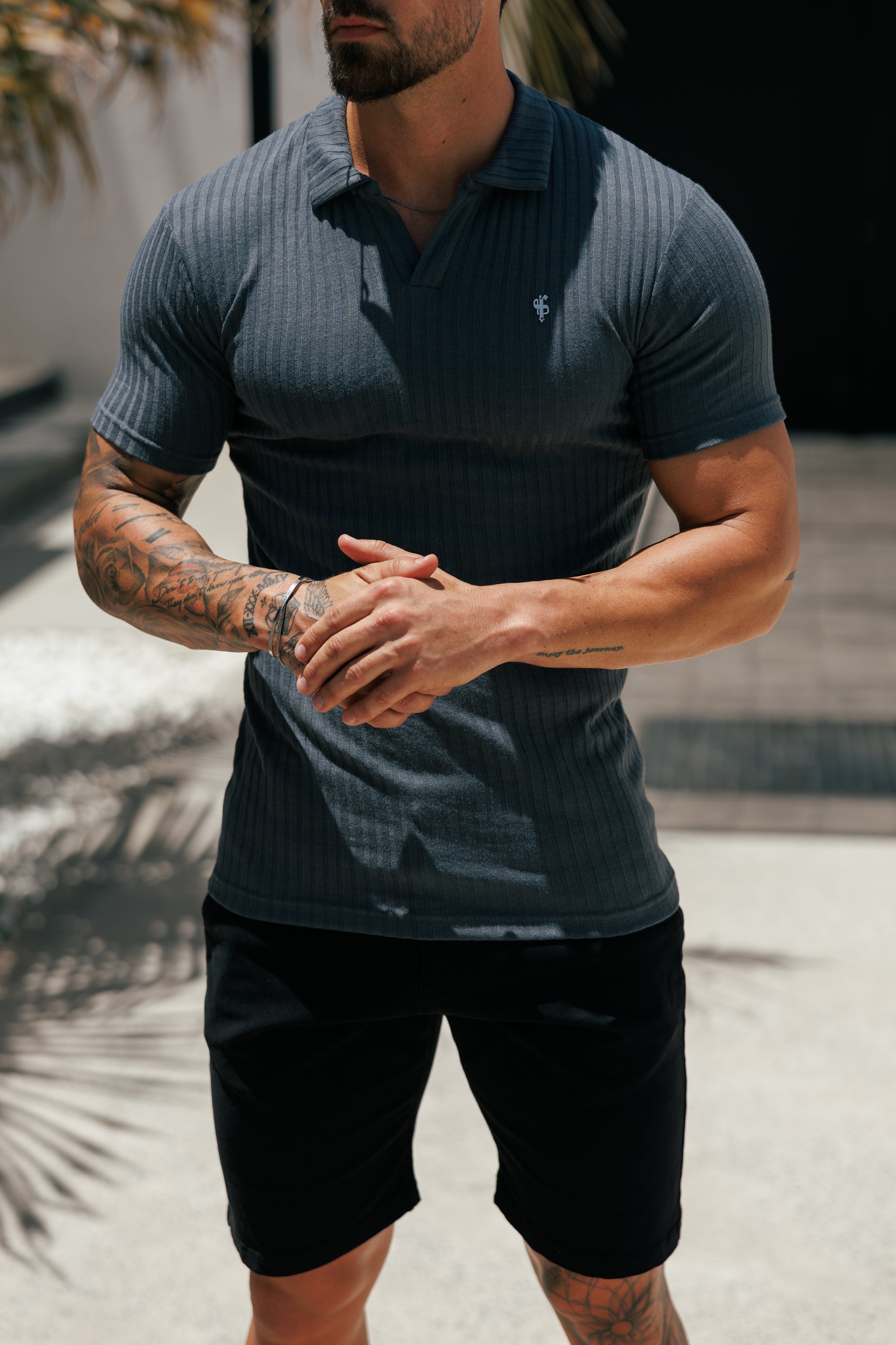 Charcoal / Silver Ribbed Revere Short Sleeve Polo Shirt - FSH1463 (PRE ORDER 16TH JUNE)