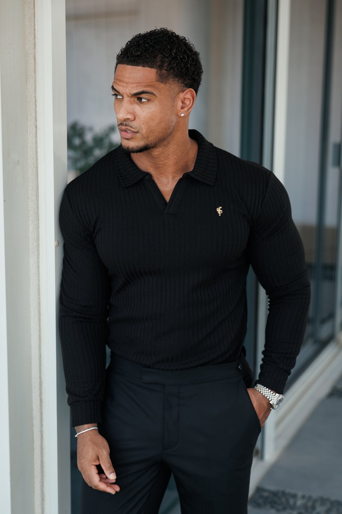Black / Gold Metal Emblem Ribbed Revere Polo Shirt Long Sleeve - FSH1429