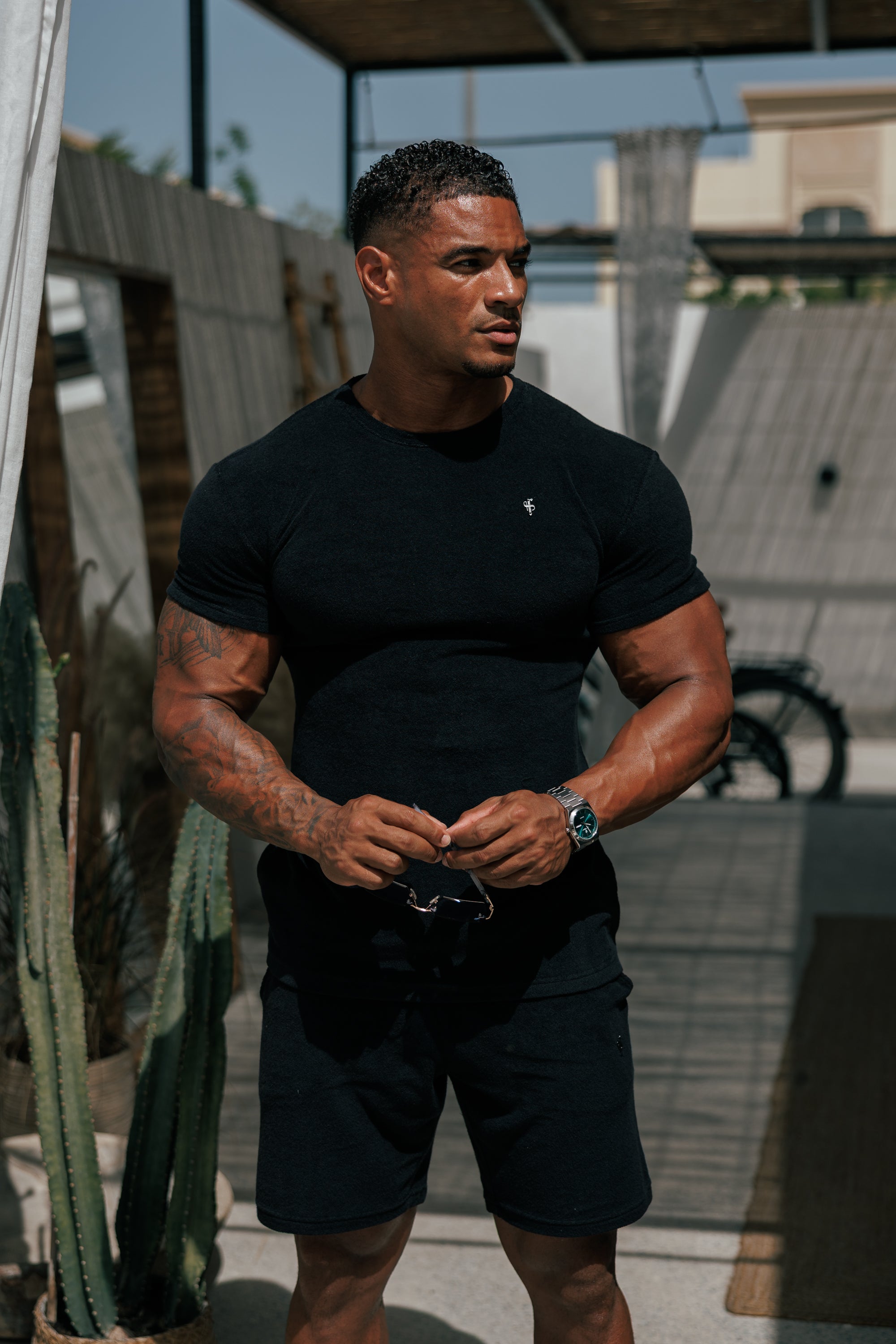 Black Towelling Crew T Shirt - FSH816 (PRE ORDER 16TH JUNE)