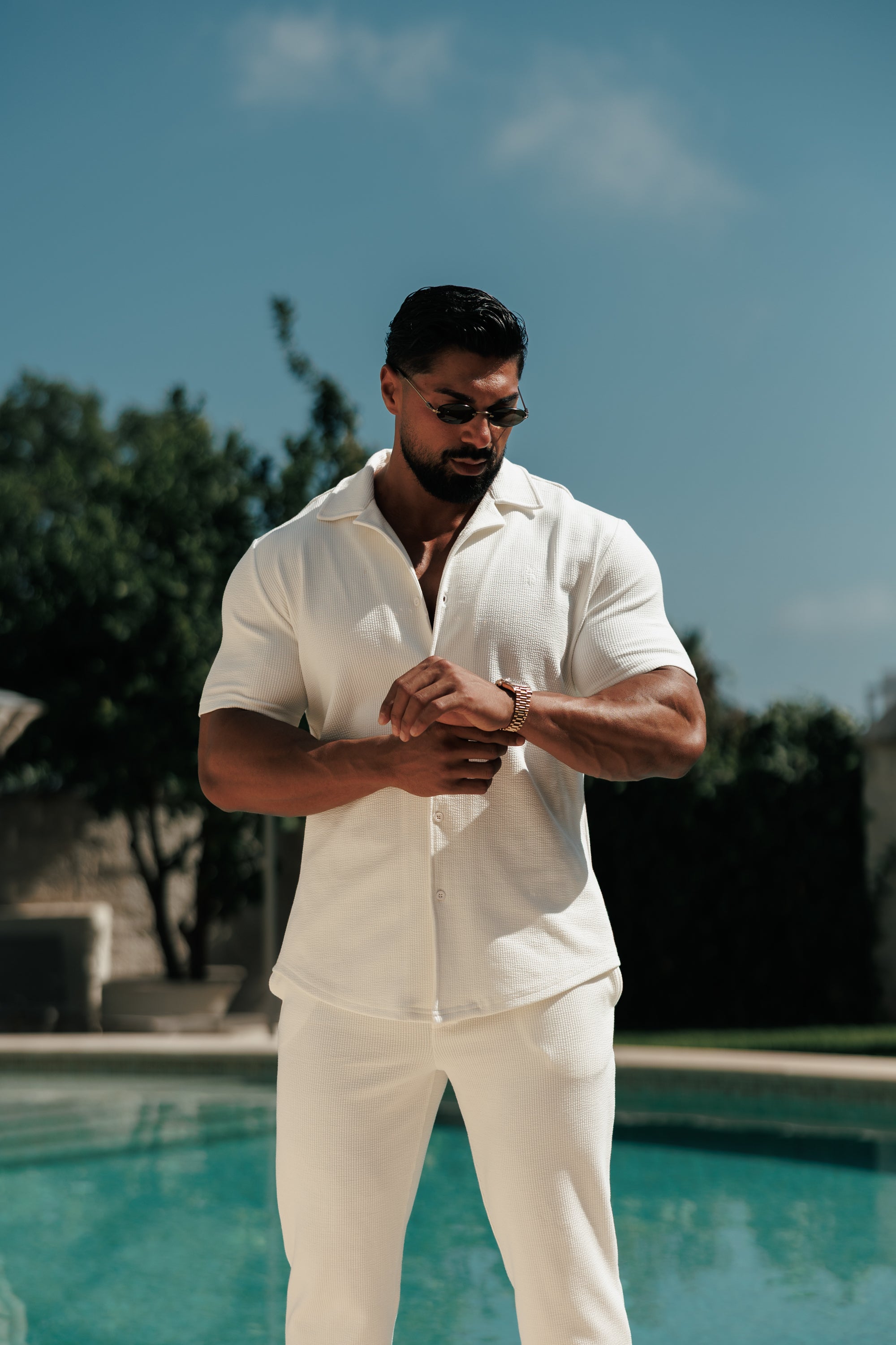 Jersey Cord Stretch White Revere Shirt Short Sleeve - FSR069 (PRE ORDER 18TH JULY)