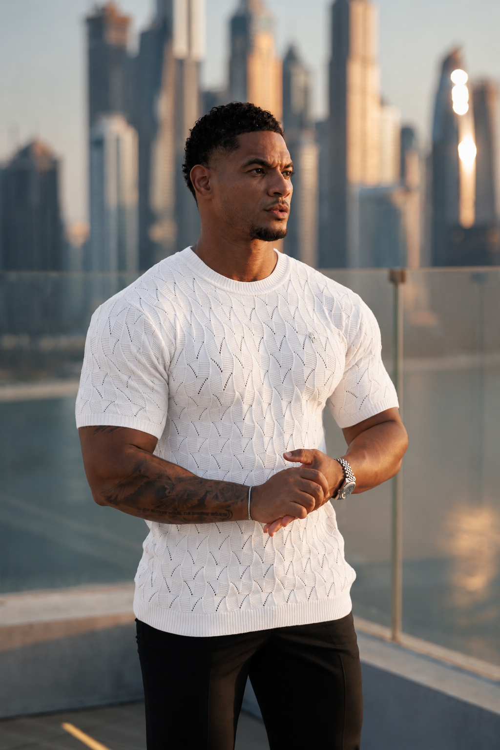 White Wave Weave Knit Short Sleeve Sleeve T-Shirt - FSJ170
