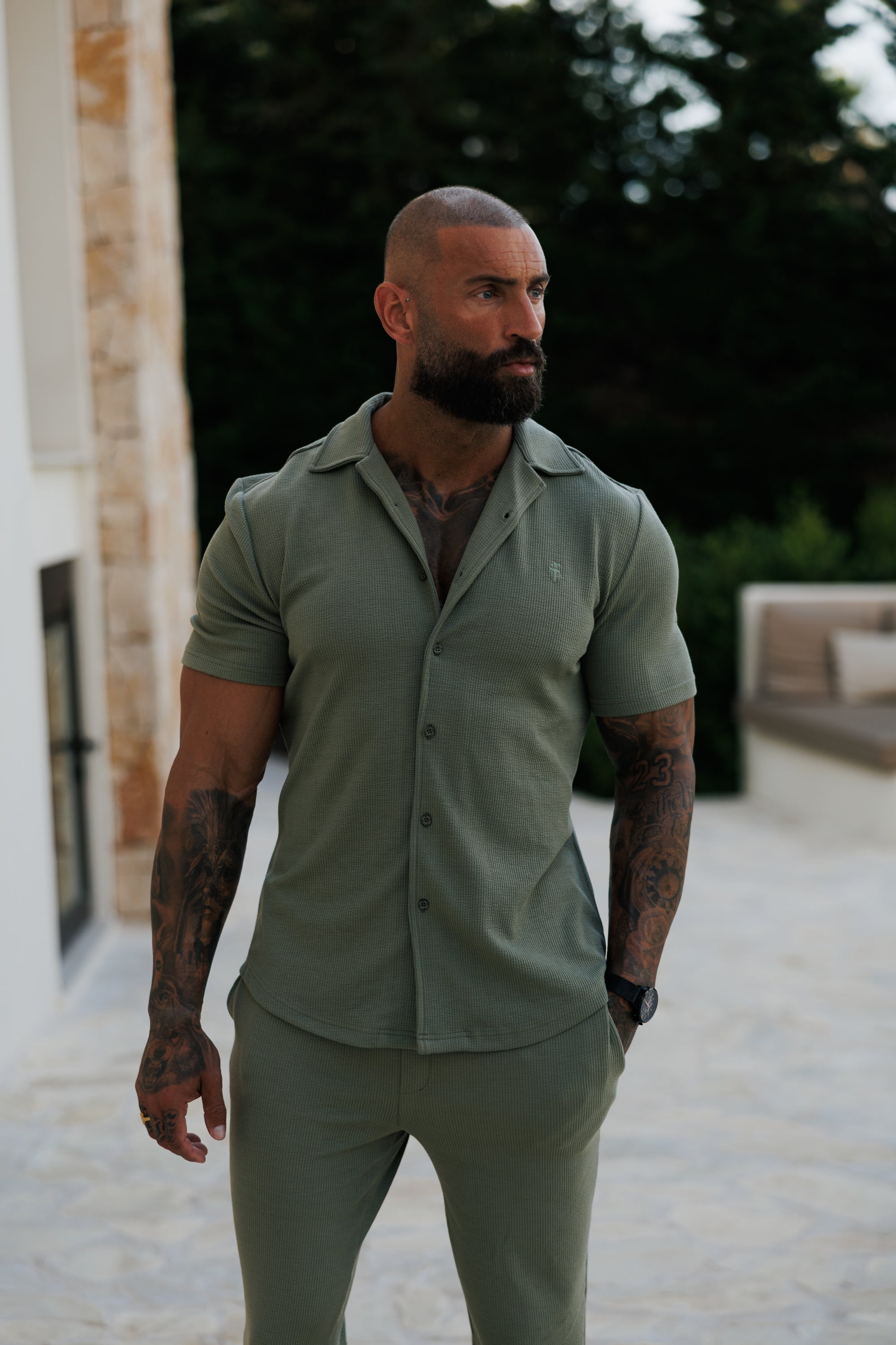 Jersey Kord Stretch Olive Revere Hemd Kurzarm - FSR072 (VORBESTELLUNG 30. JUNI)
