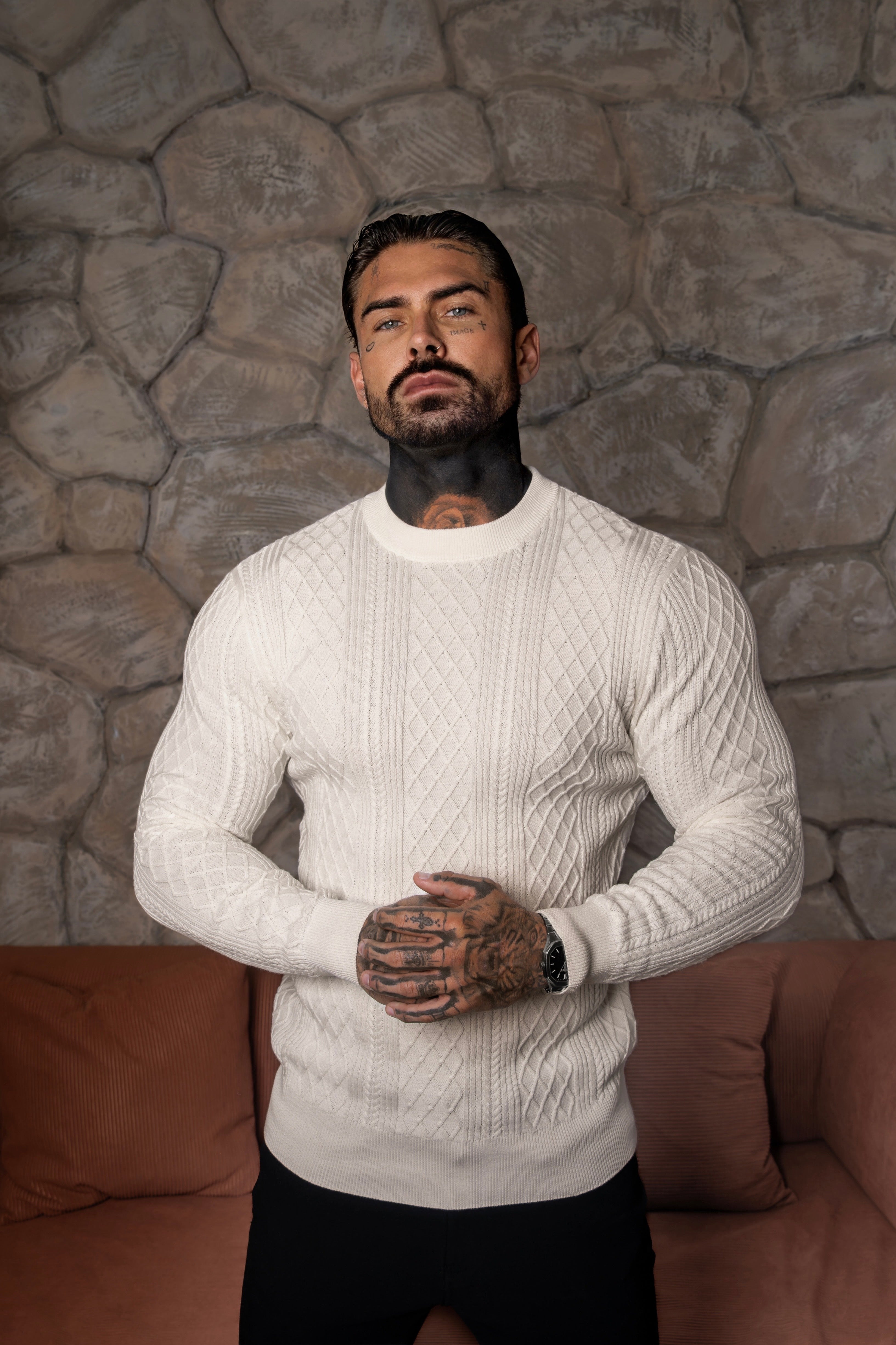 Fine Knit Diamond Off White Jumper Long Sleeve - FSA005