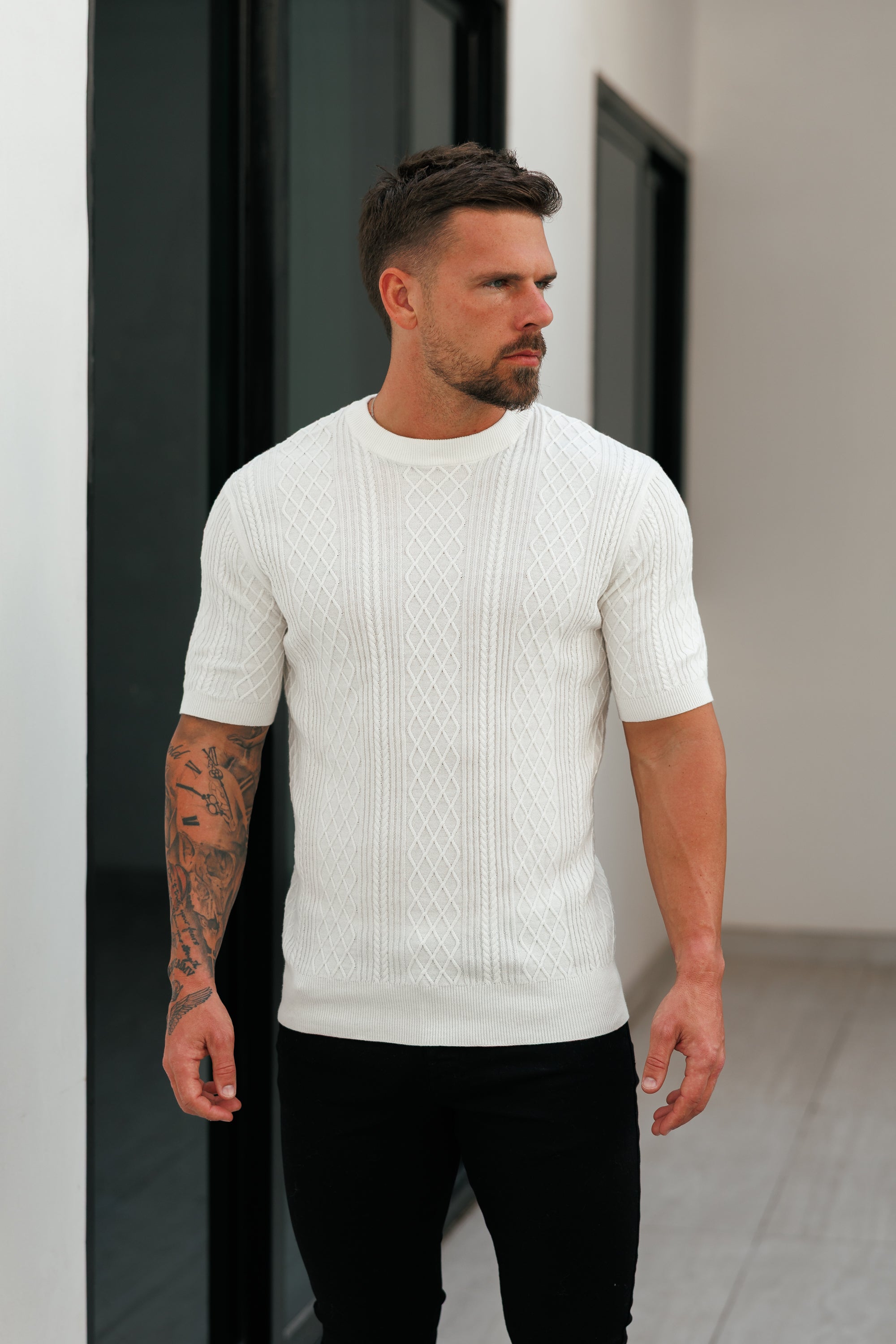 Fine Knit Diamond Off White Jumper Short Sleeve - FSA009