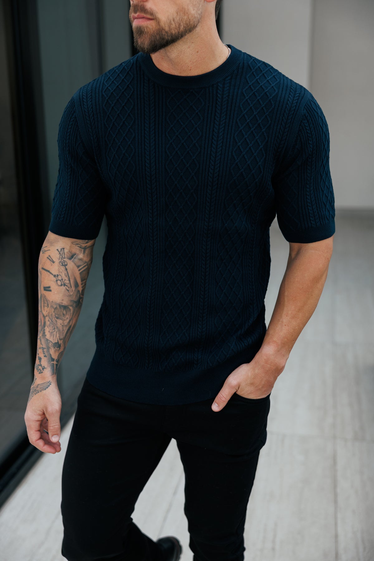 Fine Knit Diamond Navy Jumper Short Sleeve - FSA011