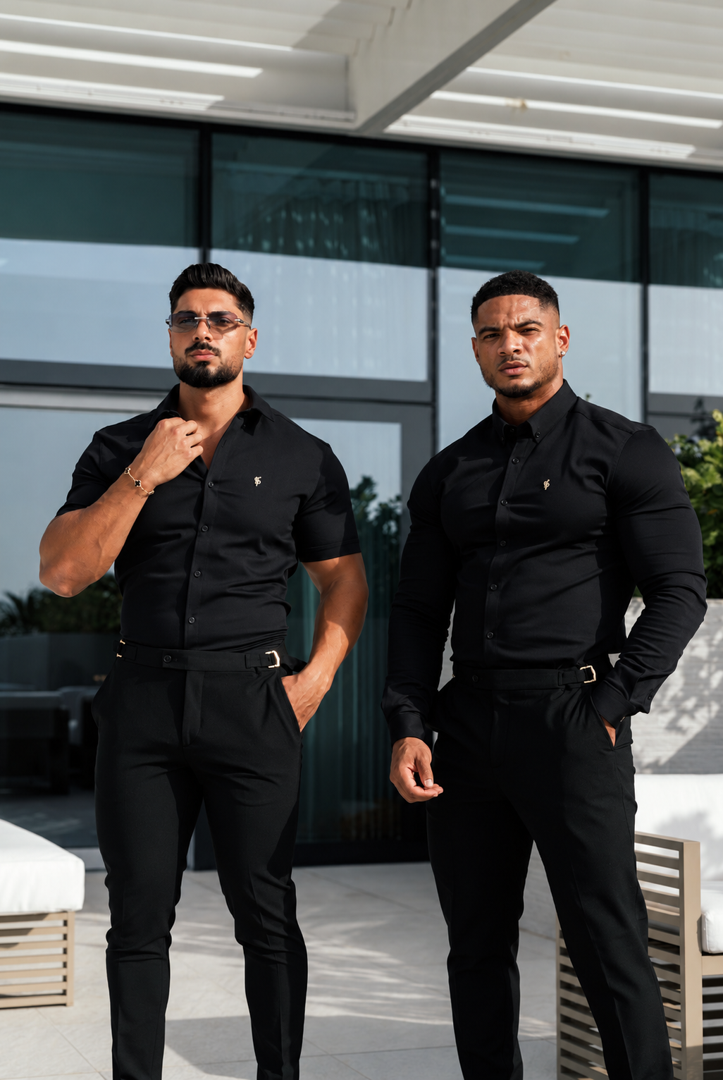 Super Slim Stretch Black Denim Short Sleeve with Gold Metal Decal and Button Down Collar - FS1041 (PRE ORDER 18TH OCTOBER)