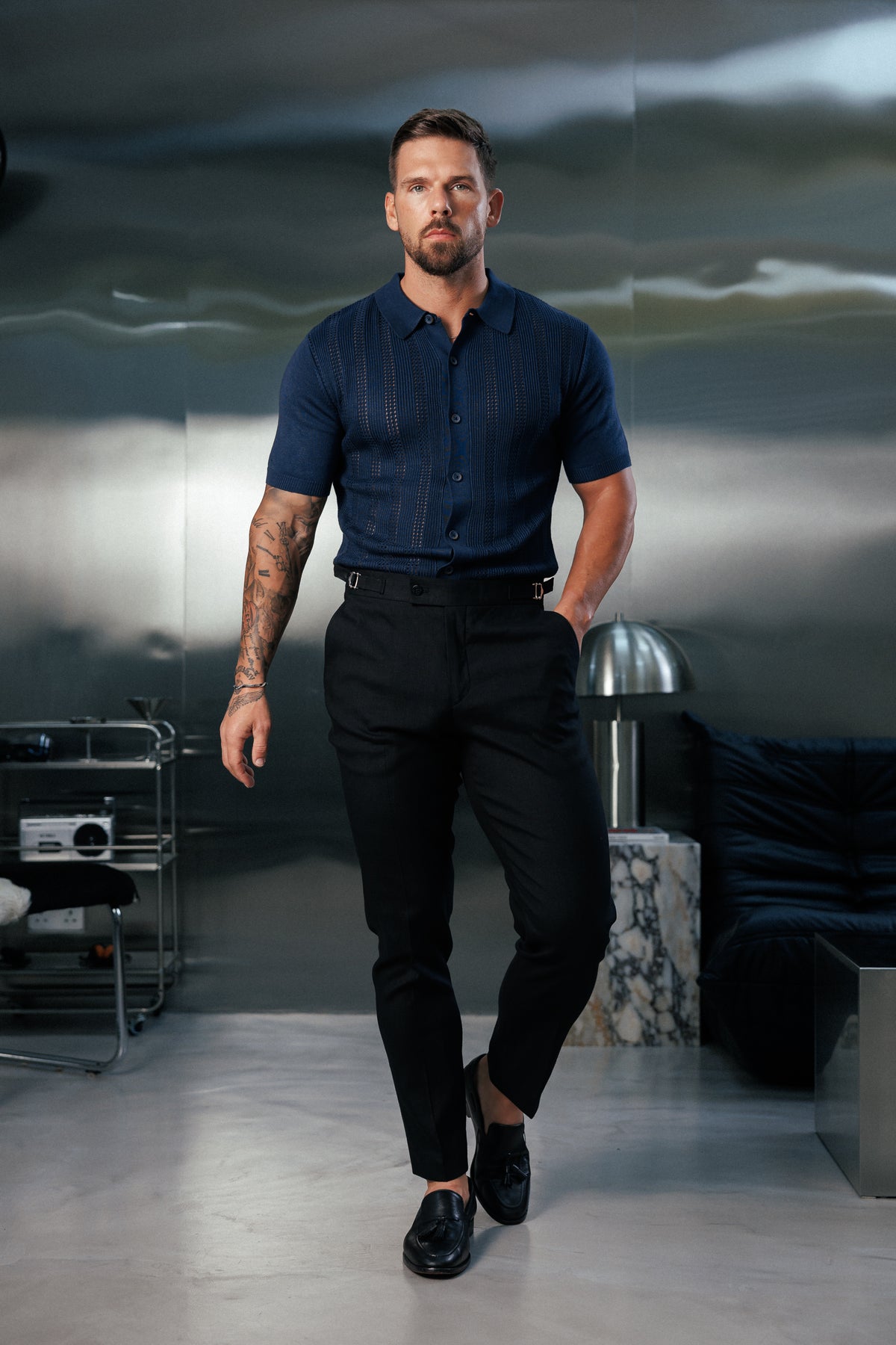 Navy Stripe Perforated Shirt Short Sleeve - FSA020