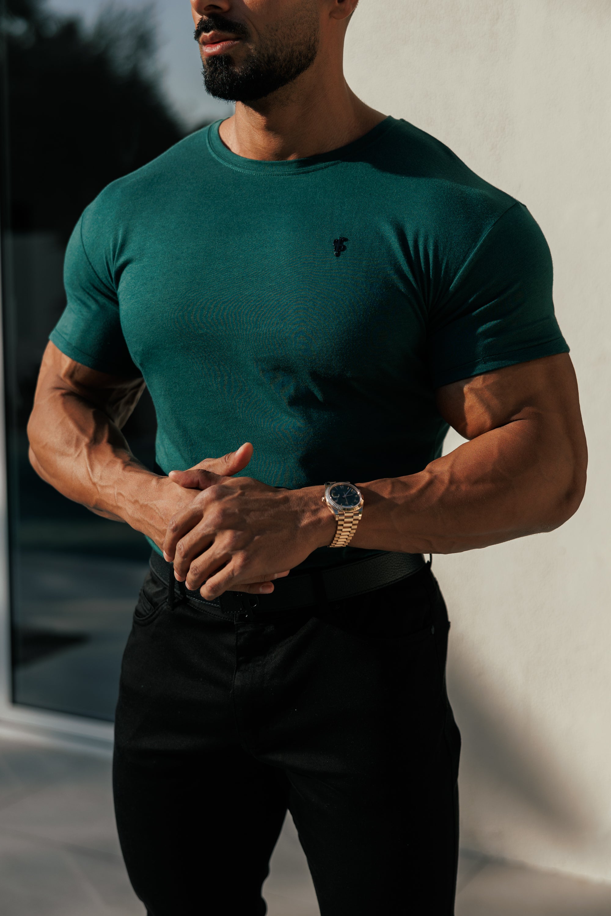 Waldgrünes/Schwarzes Bambus-T-Shirt mit Rundhalsausschnitt - FSH1213