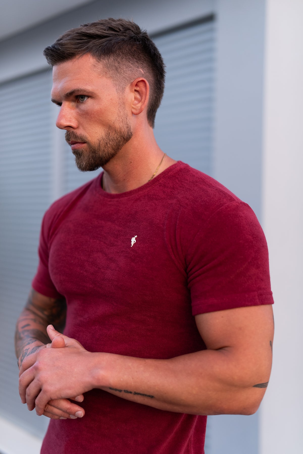 Burgundy / Gold Towelling Crew T Shirt - FSH1349 (PRE ORDER 12TH OCTOBER)