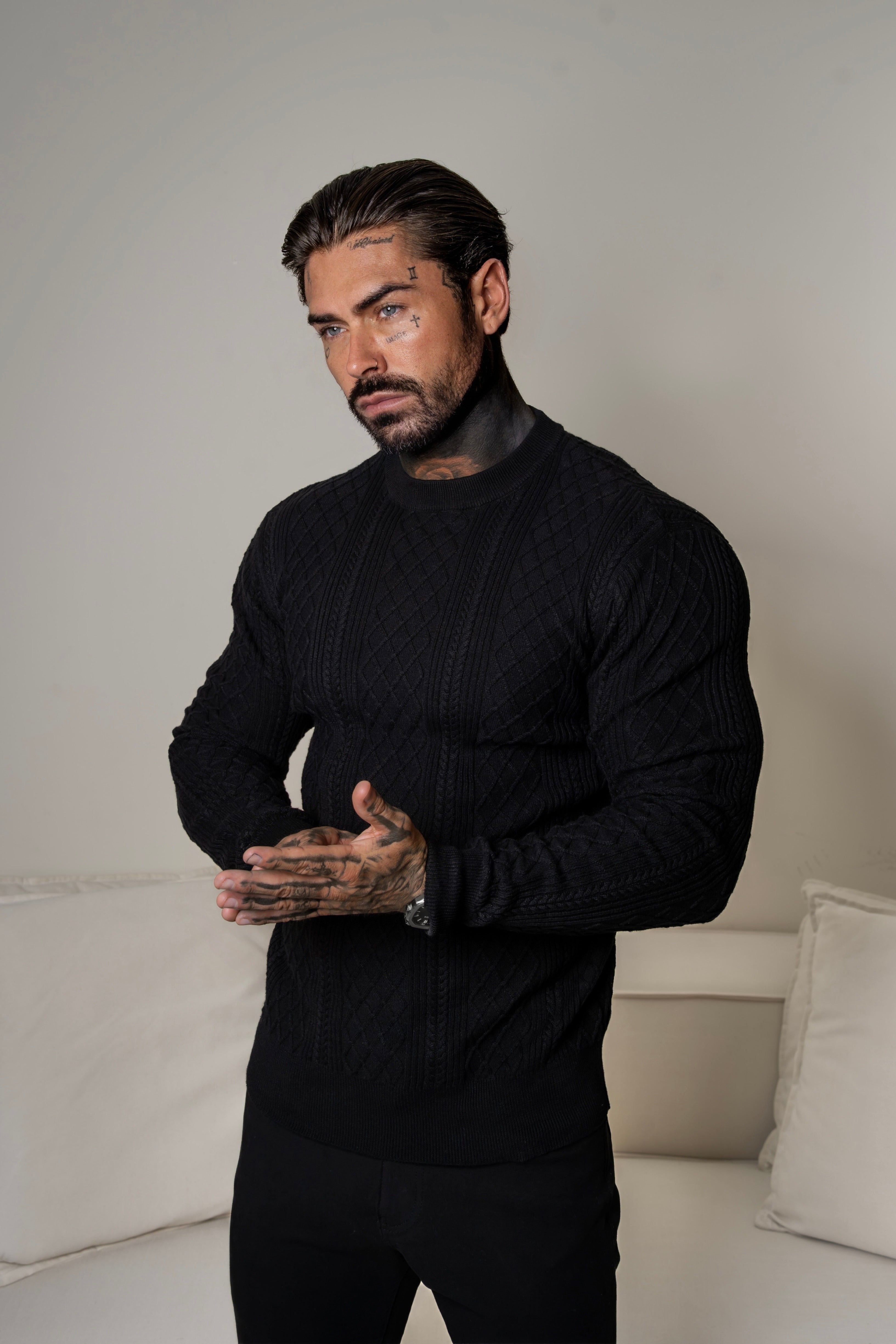 Fine Knit Diamond Black Jumper Long Sleeve - FSA006