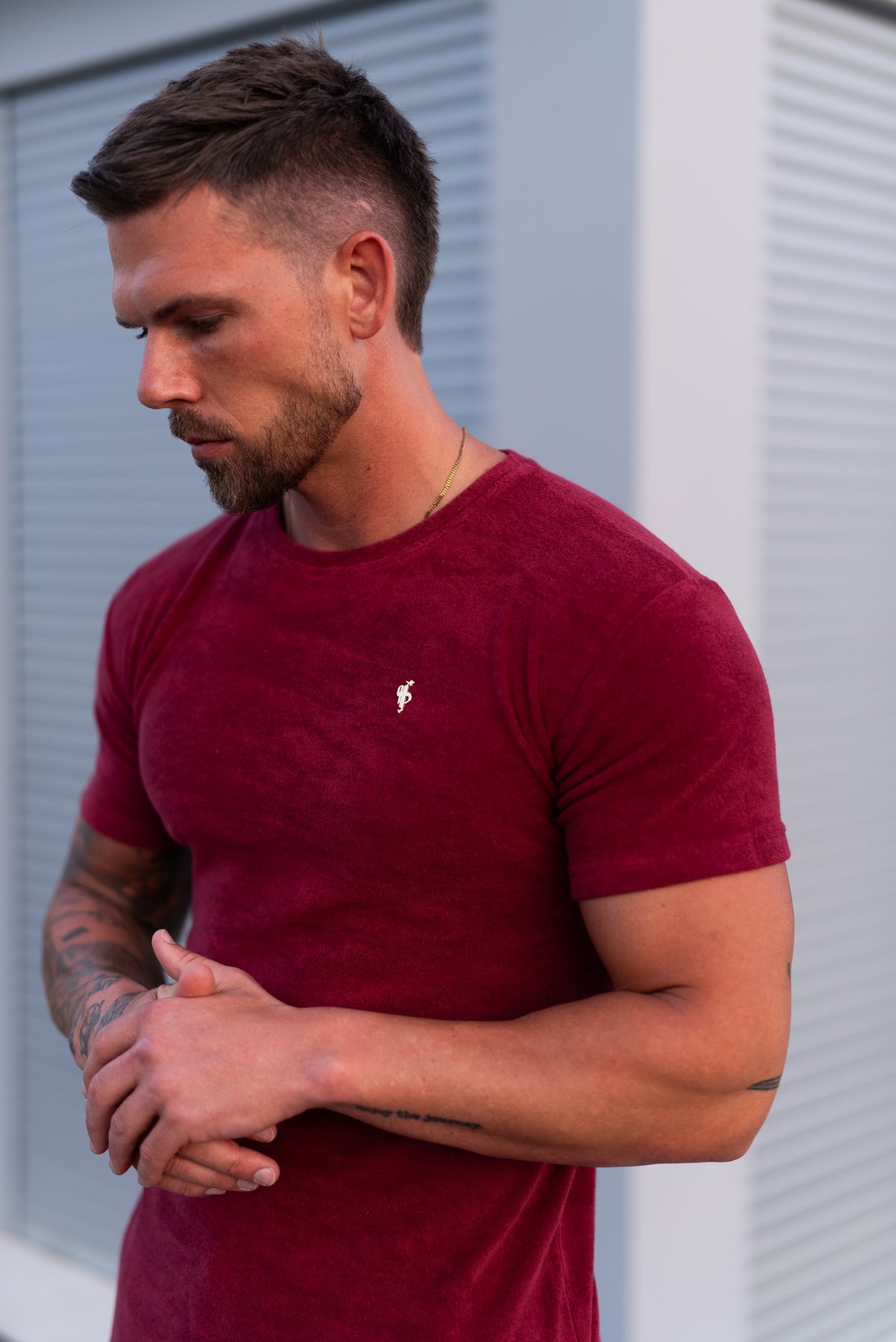 Burgundy / Gold Towelling Crew T Shirt - FSH1349 (PRE ORDER 12TH OCTOBER)