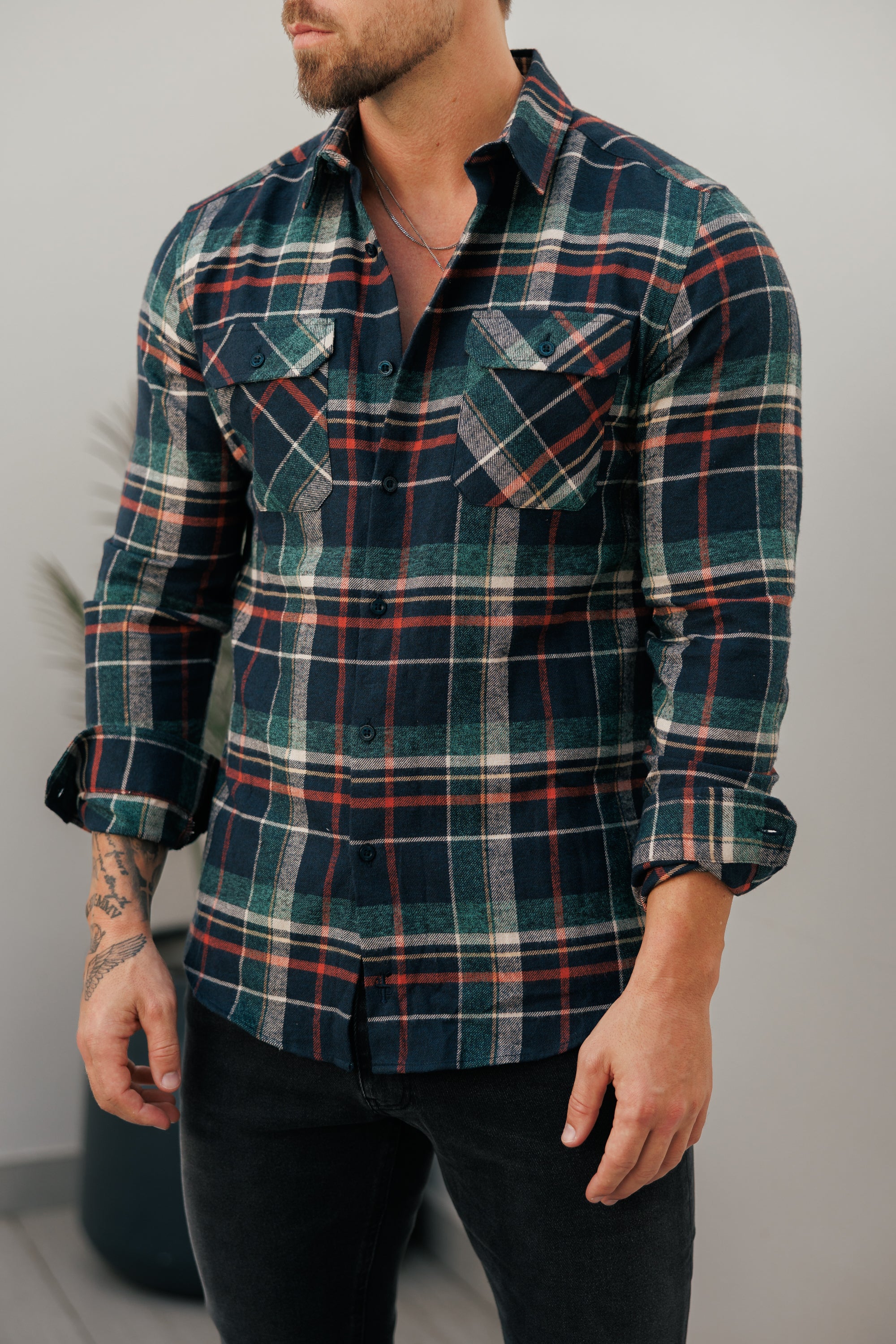 Navy / Green / Rust Check Shacket With Double Pockets - FS1198