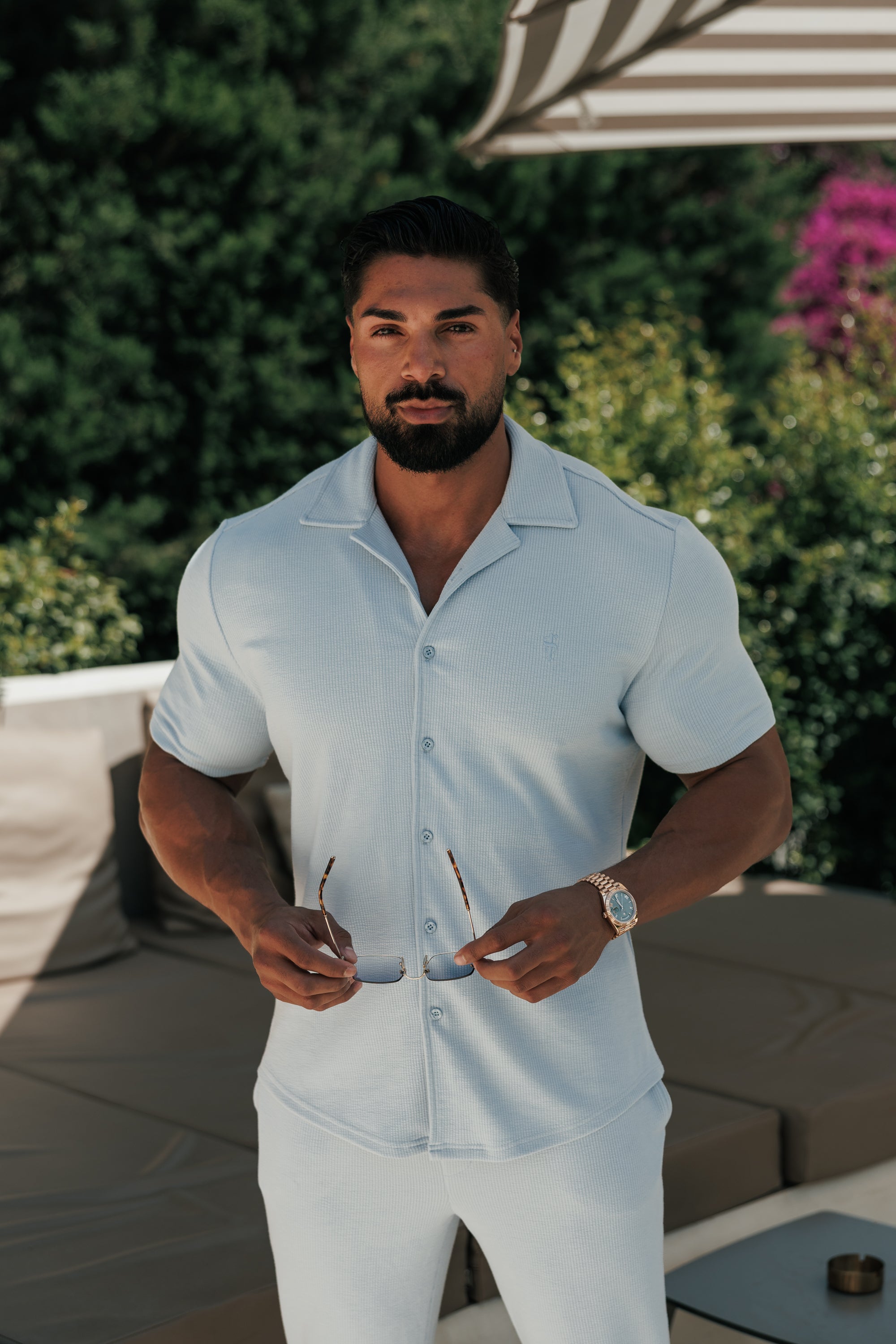 Jersey Cord Stretch Light Blue Revere Shirt Short Sleeve - FSR074 (PRE ORDER 18TH JULY)