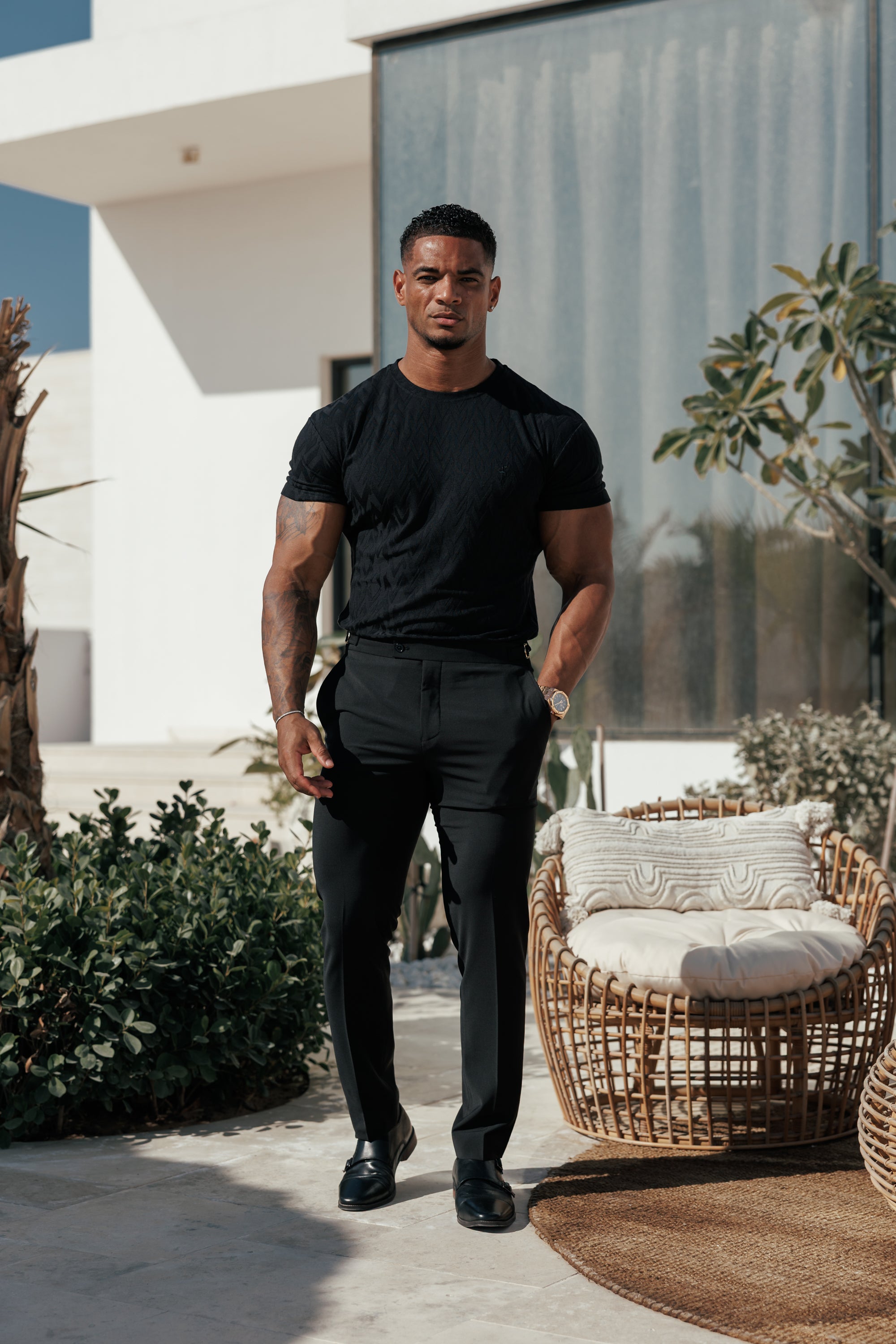Regular Fit Jacquard T-Shirt mit schwarzem Chevron-Muster – FSR046 (VORBESTELLUNG 15. JUNI)