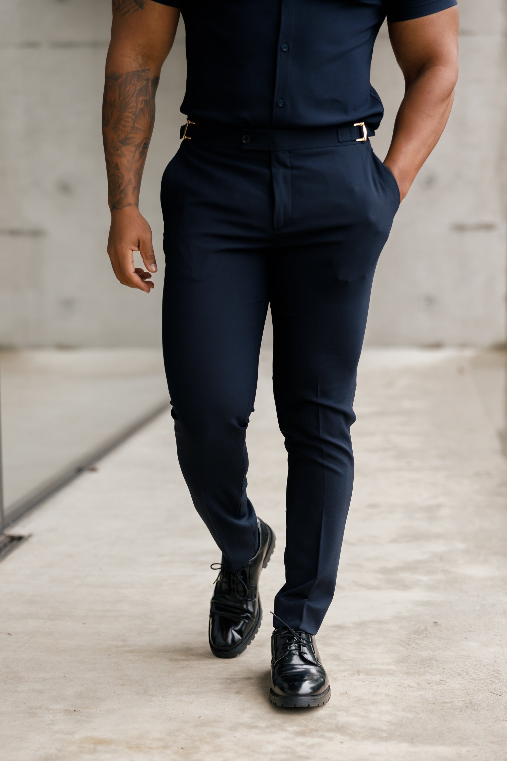 Slim Formal Black Stretch Trousers With Gold Waist Adjusters