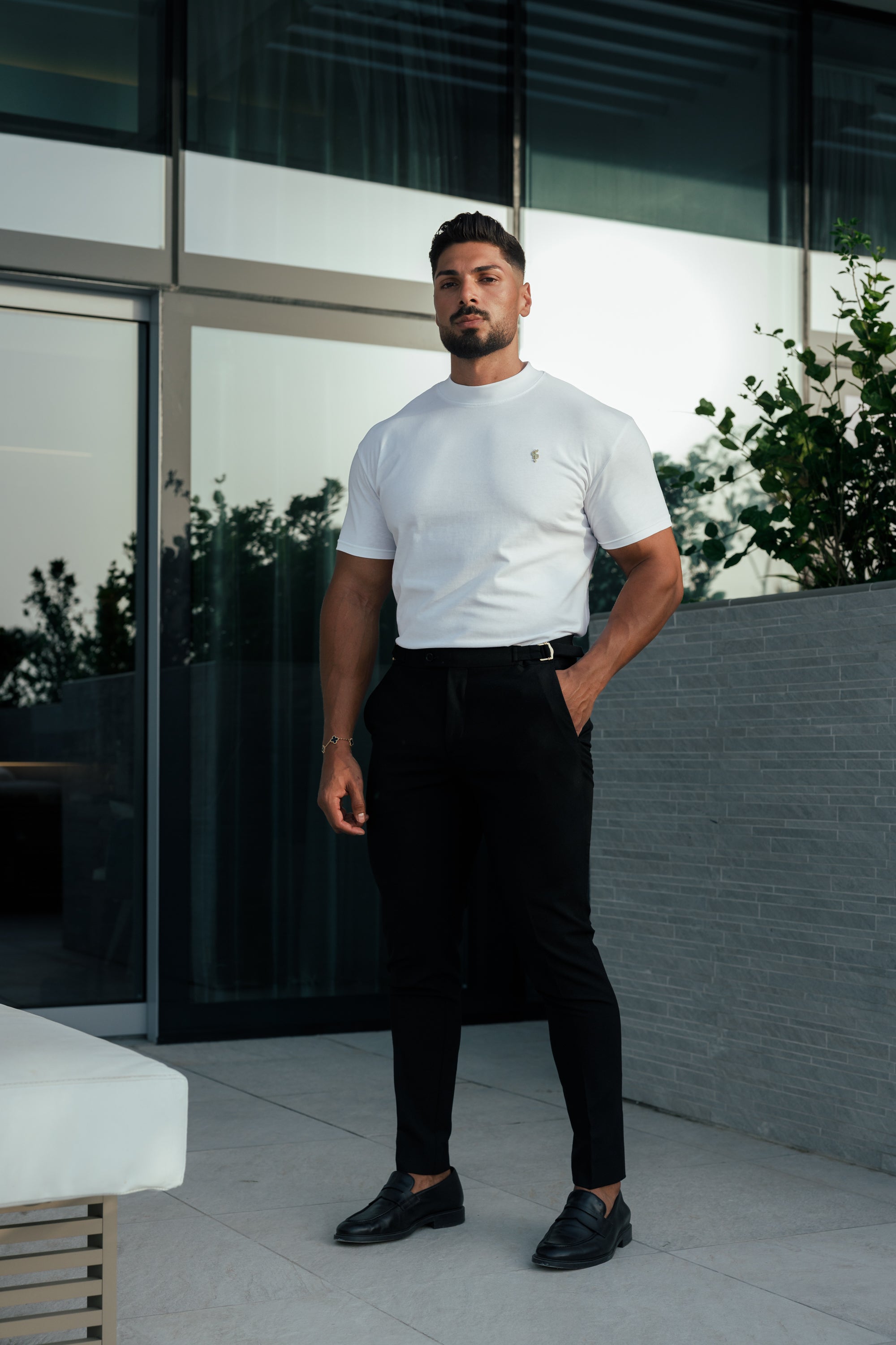 Ribbed High Neck Crew Short Sleeve White / Gold - FSH1006