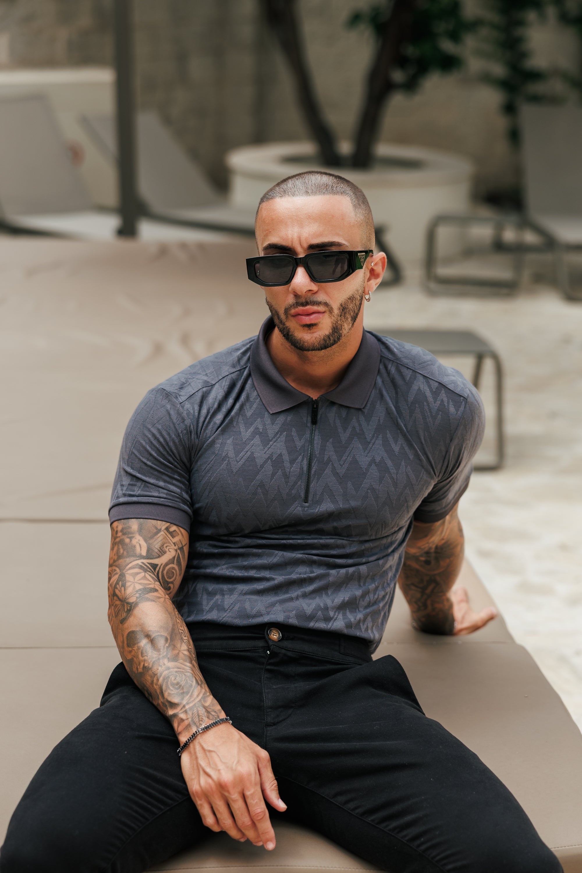 Classic Jacquard Charcoal Chevron Zipped Polo - FSR059 (PRE ORDER 30TH JUNE)