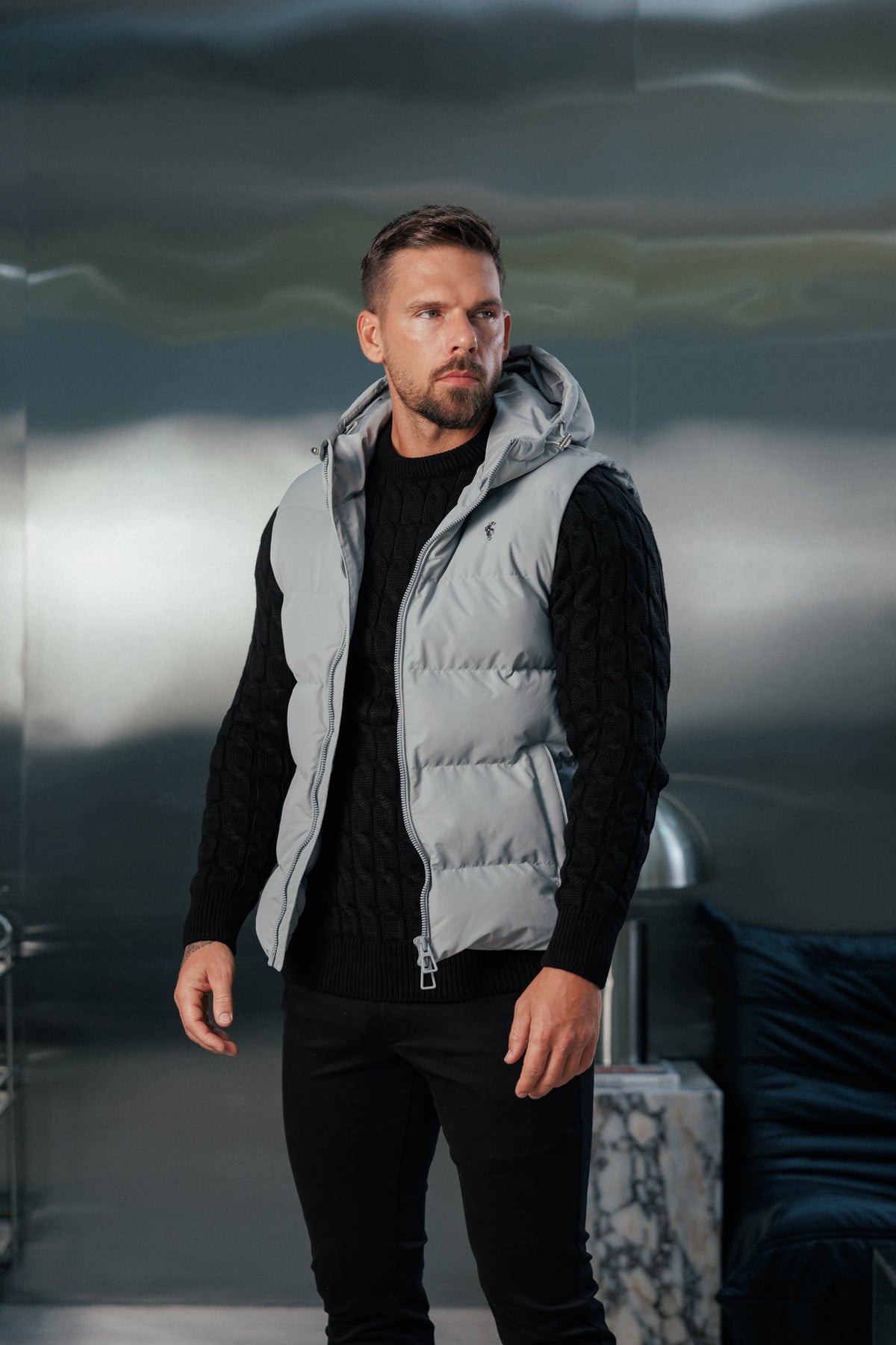 Mid Grey Padded Hooded Gilet - FSN244 (PRE ORDER 24TH OCTOBER)