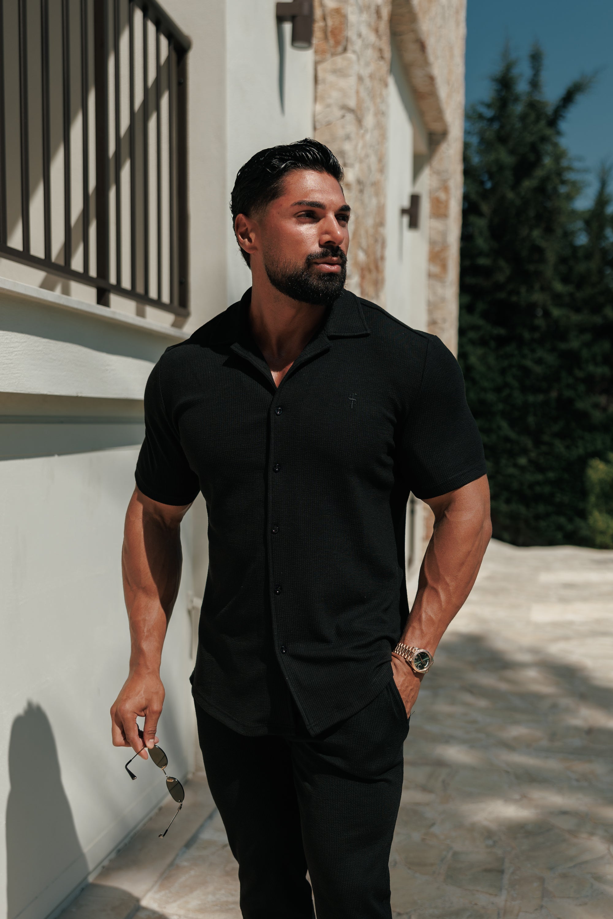 Jersey Cord Stretch Black Revere Shirt Short Sleeve - FSR070 (VORBESTELLUNG 30. JUNI)