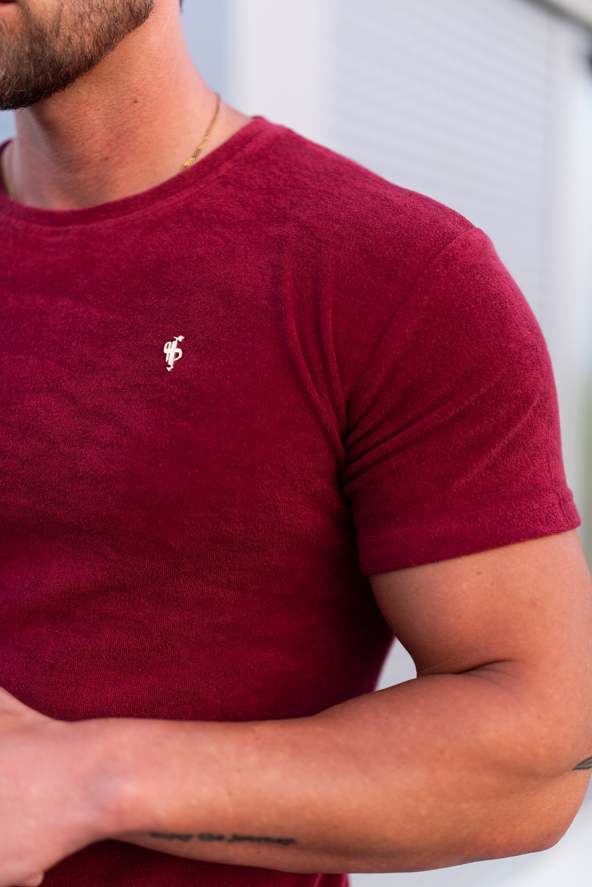 Burgundy / Gold Towelling Crew T Shirt - FSH1349 (PRE ORDER 12TH OCTOBER)