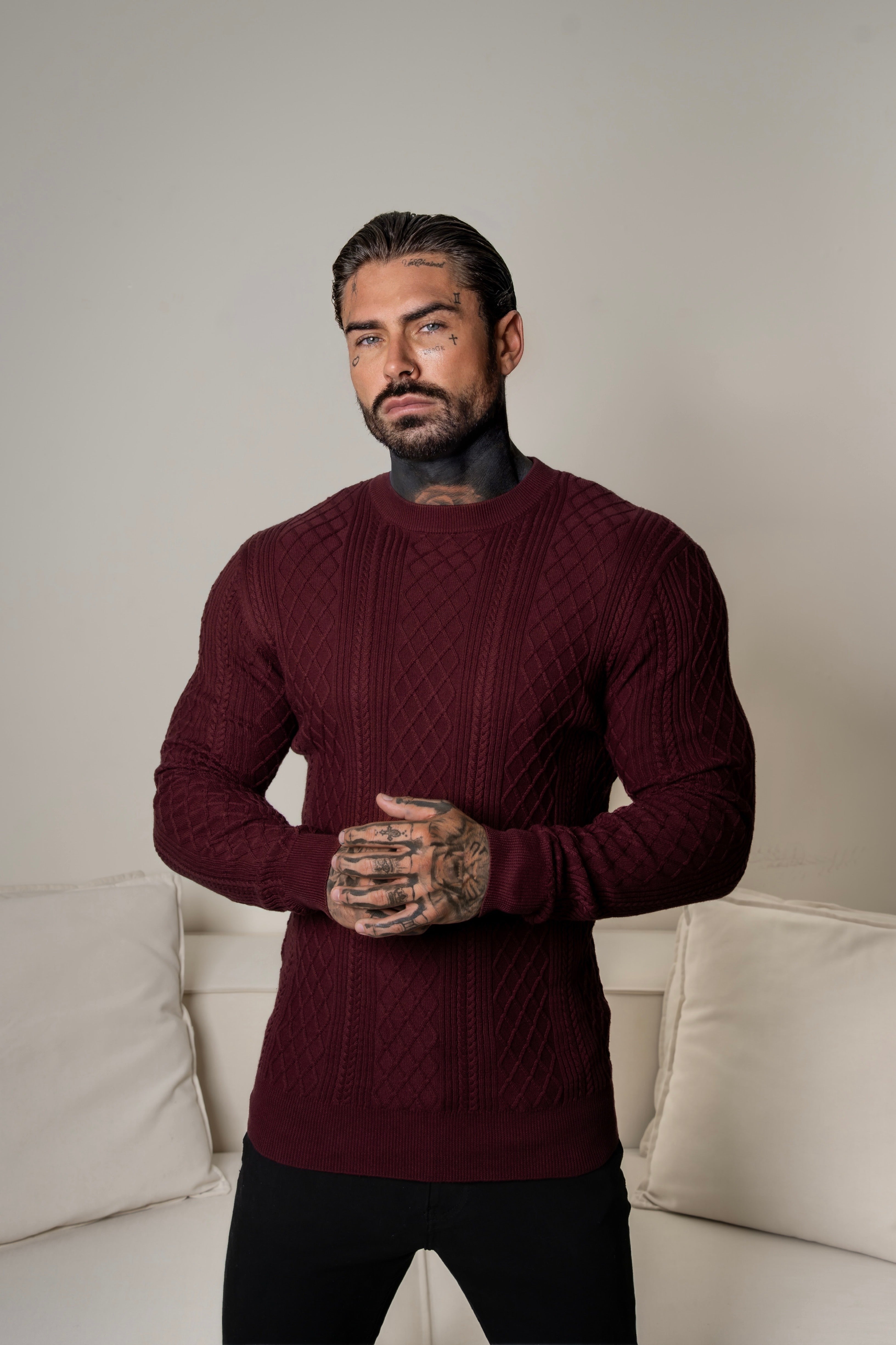 Fine Knit Diamond Burgundy Jumper Long Sleeve - FSA008