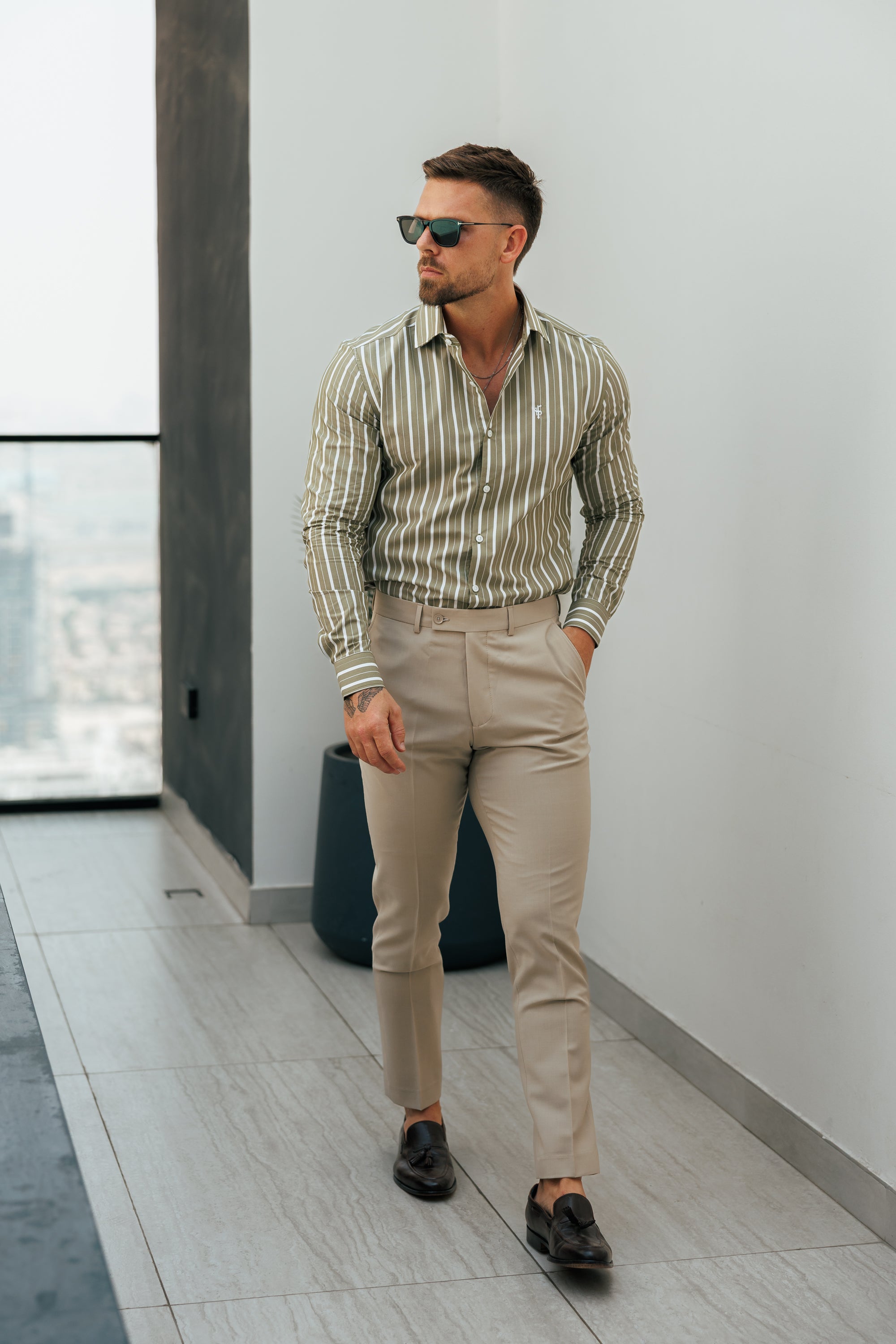 Relaxed Formal Beige Stretch Trousers - Plain Fabric