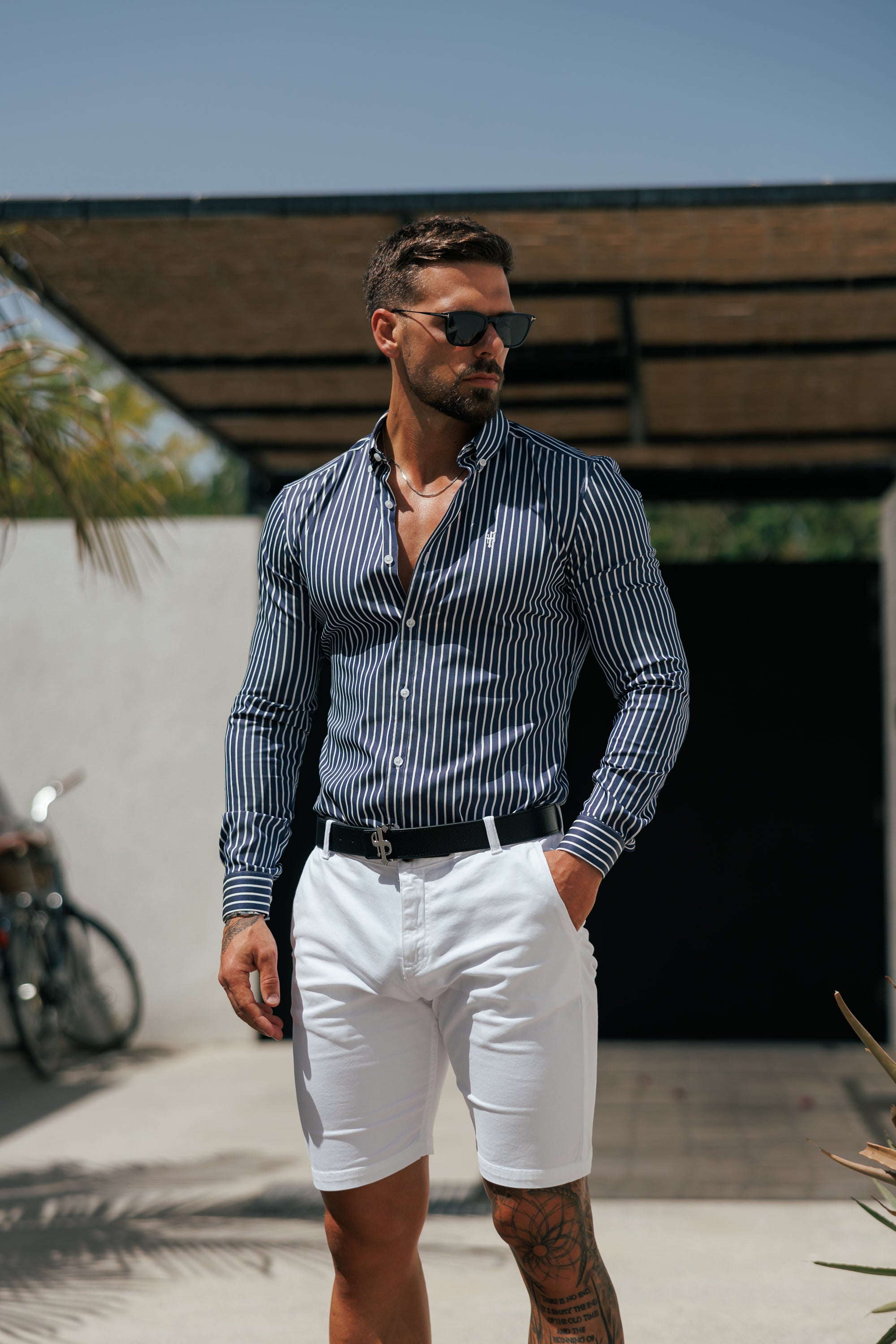 Super Slim Stretch Satin Touch Navy / White Mittelbreiter Streifen Langarm - FS1262 (VORBESTELLUNG 28. AUGUST)