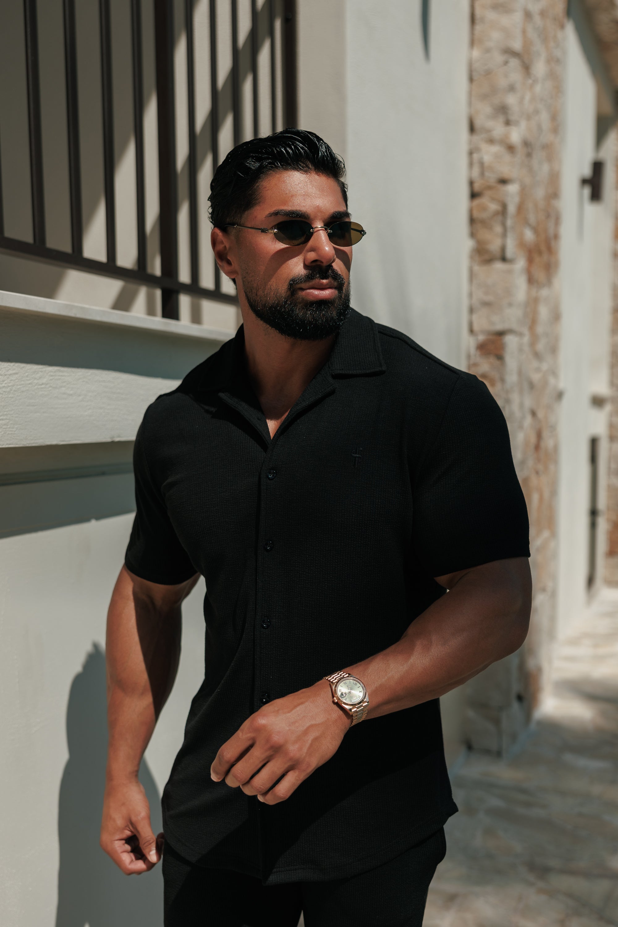 Jersey Cord Stretch Black Revere Shirt Short Sleeve - FSR070 (VORBESTELLUNG 30. JUNI)