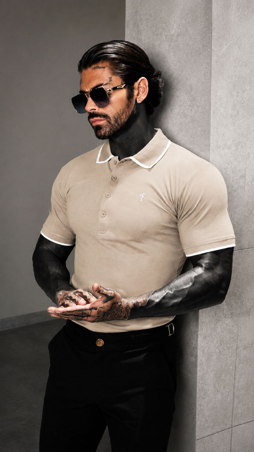 Beige / White Polo Shirt With Contrast Collar and Sleeve - FSH1672