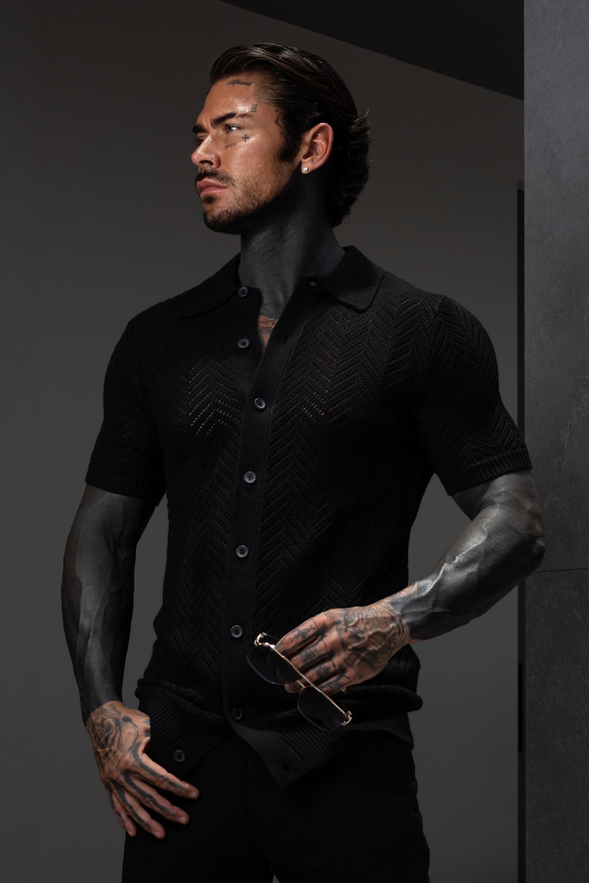 Black Chevron Perforated Shirt Short Sleeve - FSA013