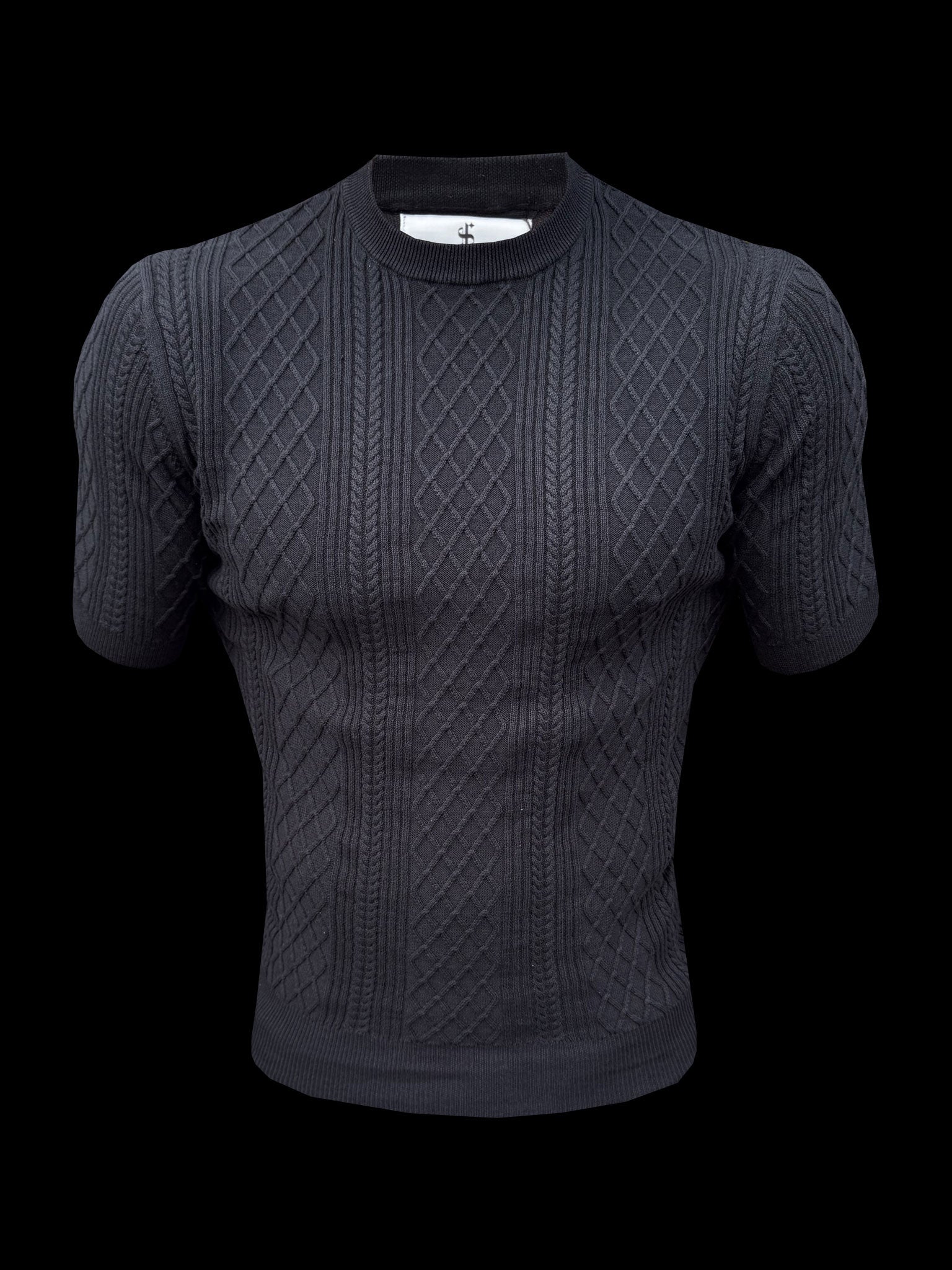 Feinstrickpullover mit Rautenmuster, schwarz, Kurzarm - FSA010