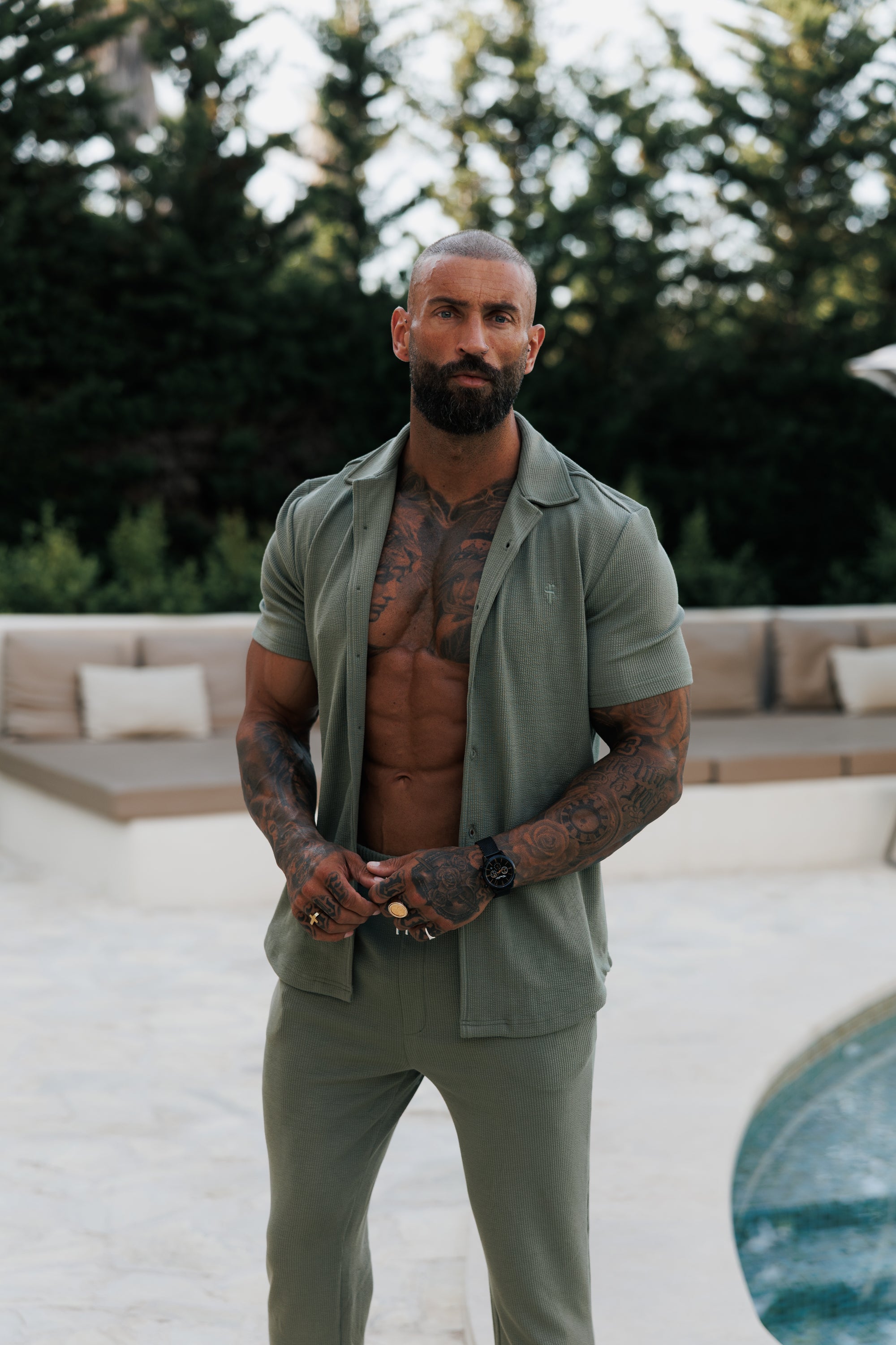 Jersey Kord Stretch Olive Revere Hemd Kurzarm - FSR072 (VORBESTELLUNG 30. JUNI)