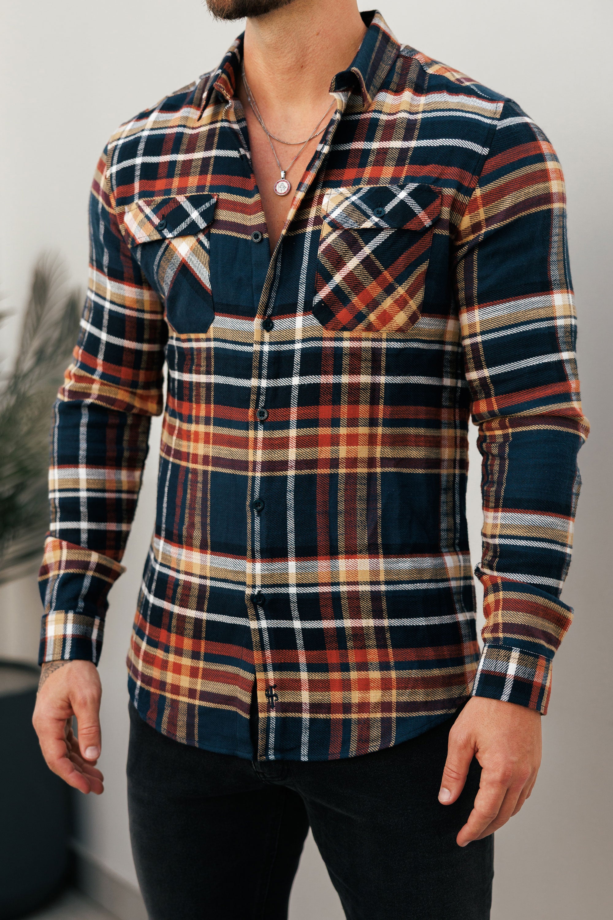 Navy / Tan Check Shacket With Double Pockets - FS1197
