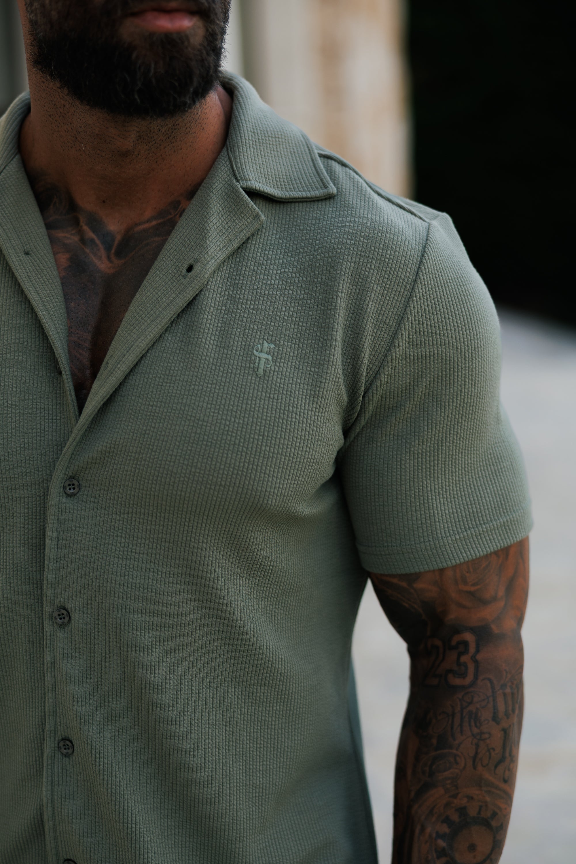Jersey Kord Stretch Olive Revere Hemd Kurzarm - FSR072 (VORBESTELLUNG 30. JUNI)