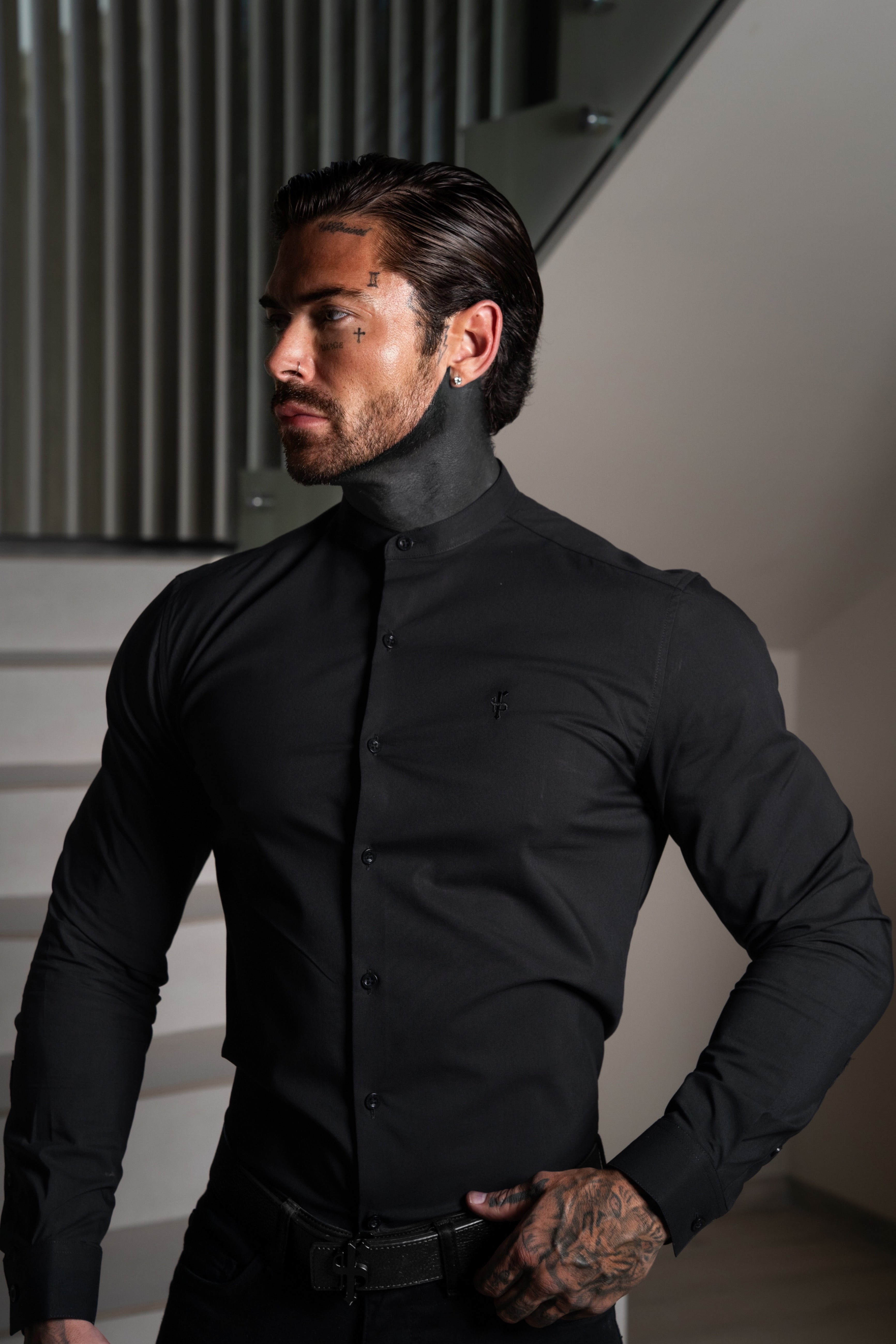 Athena Muscle Fit Advanced Stretch Black Grandad Collar Shirt - FS1245