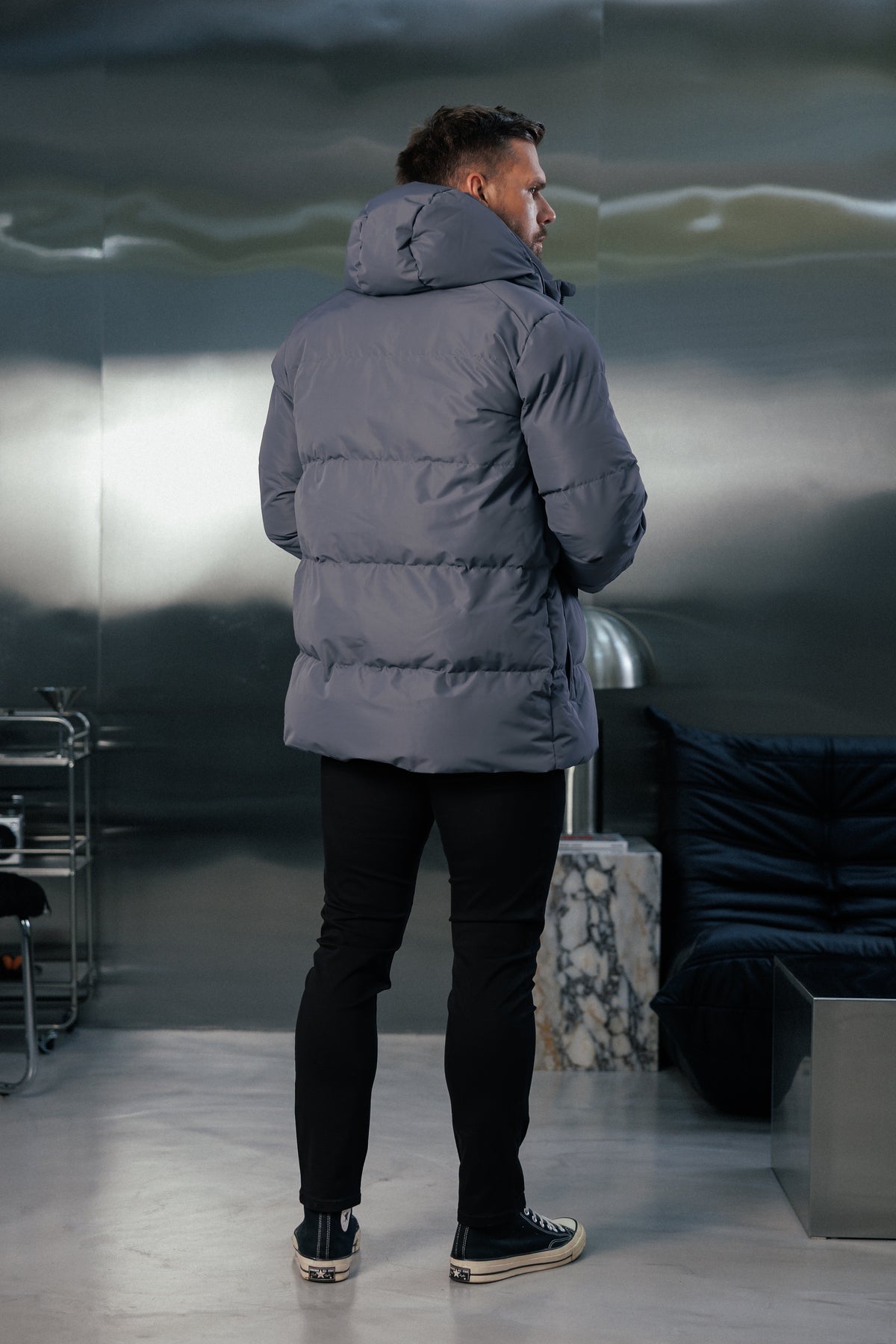 Gesteppter Mantel in Gunmetal mit Kapuze - FSN237 (VORBESTELLUNG 24. OKTOBER)