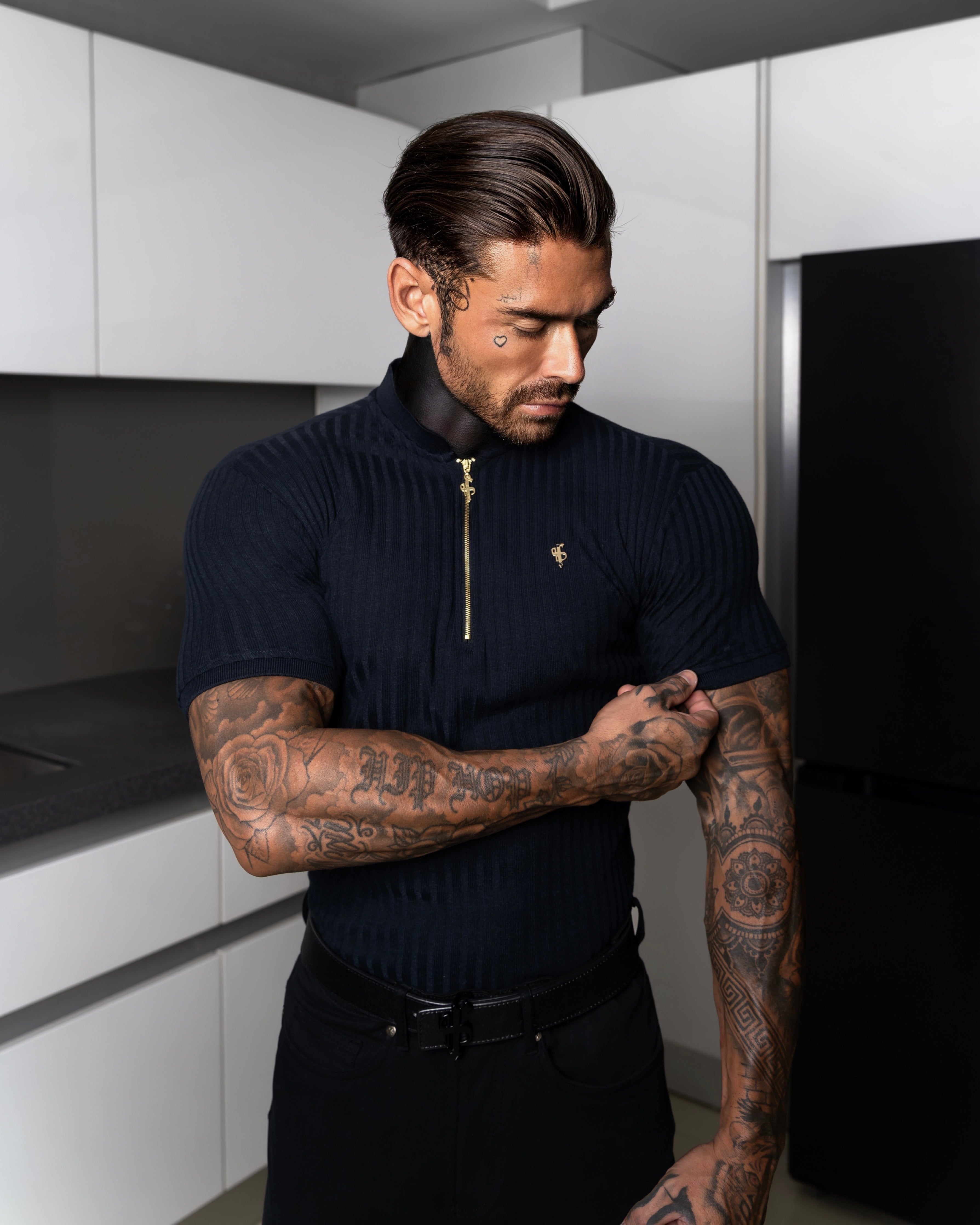 Classic Navy Ribbed Zip Grandad Collar Shirt Short Sleeve - FSH773