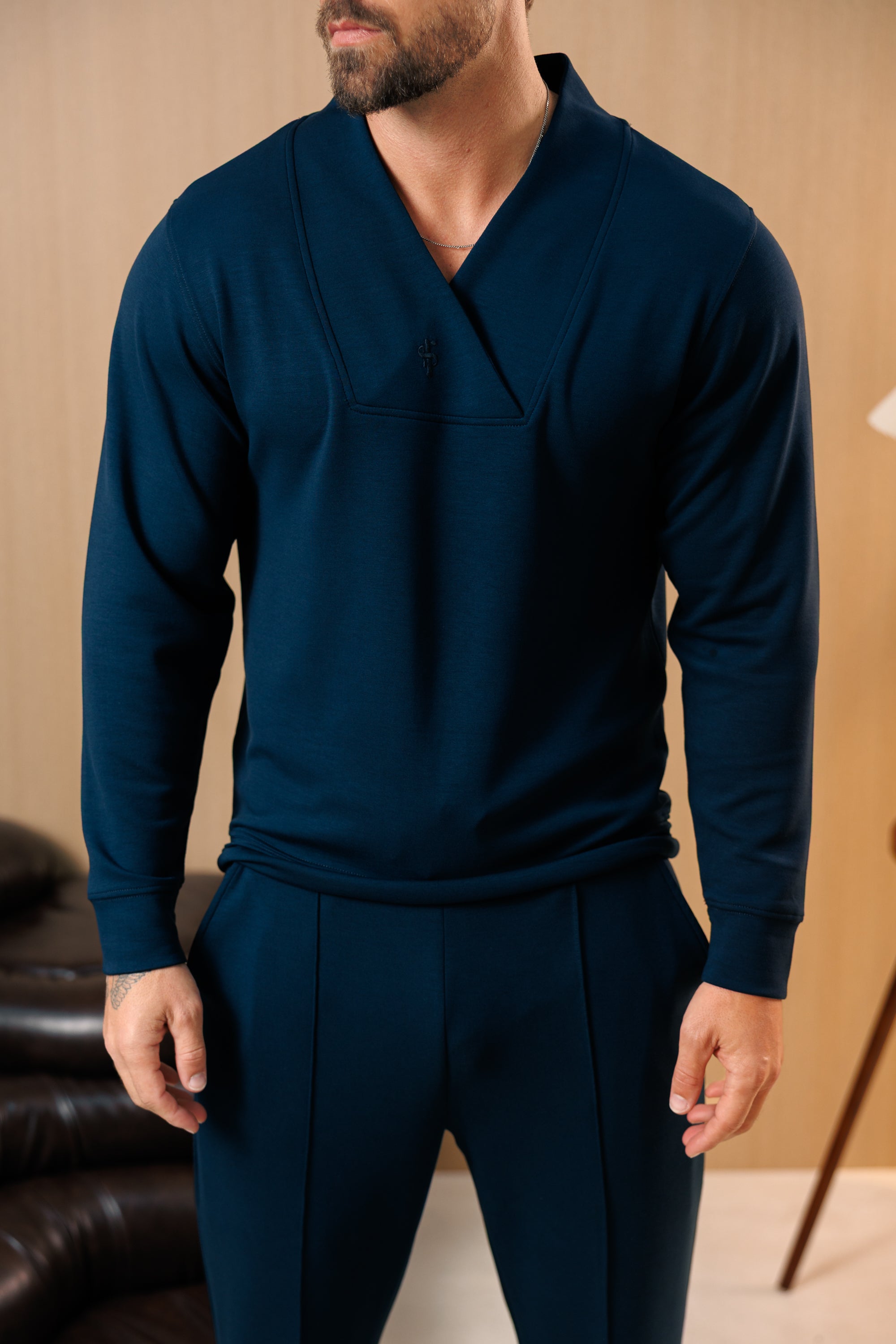 Navy Modal Shawl Collar Jumper Long Sleeve - FSR114