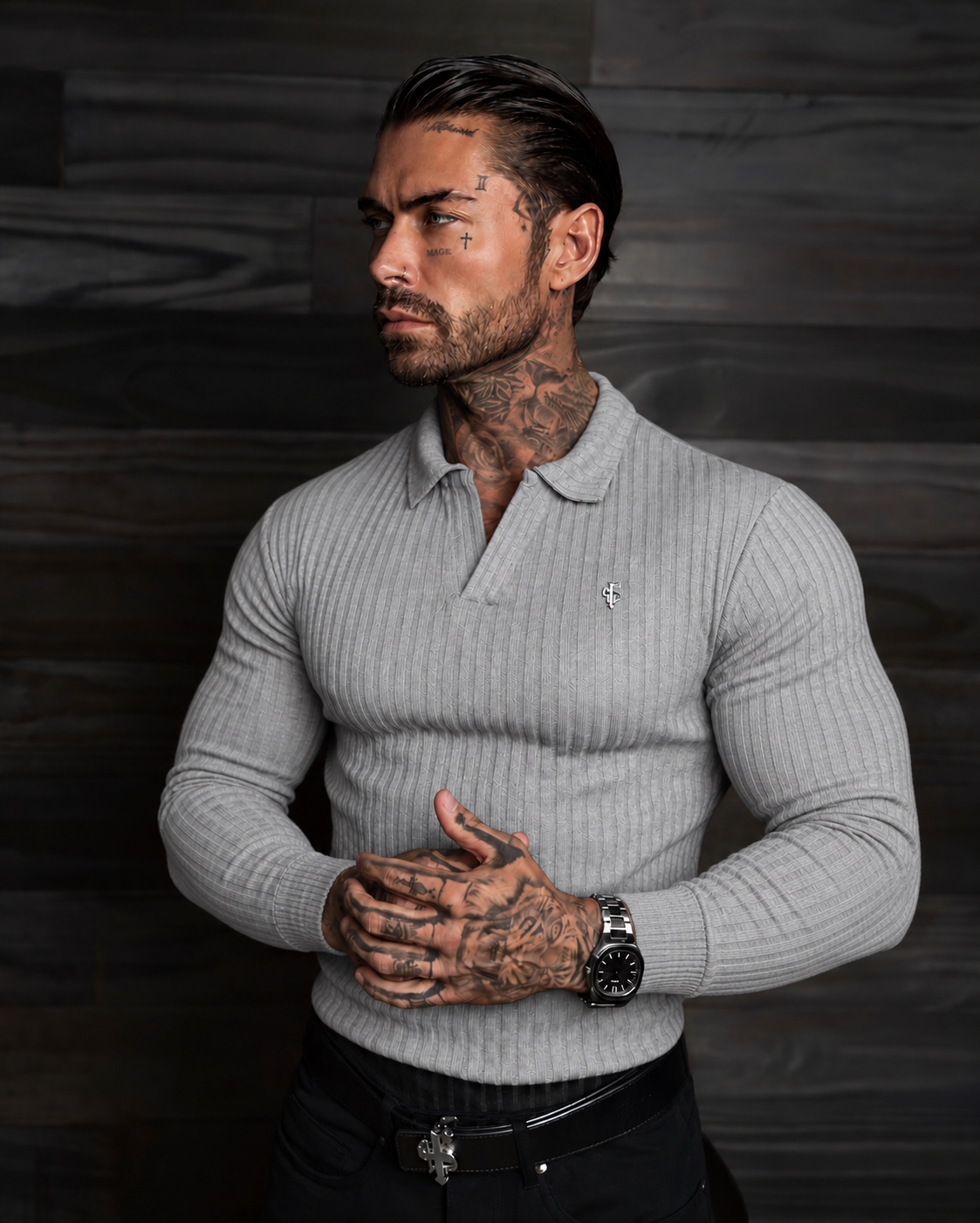 Hellgrau / Silber Geripptes Revers-Poloshirt Langarm - FSH1460